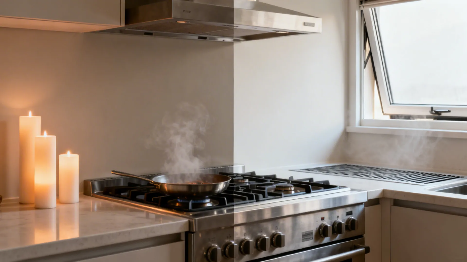 Split view showing unscented candles during cooking and a lightly ventilated small kitchen.