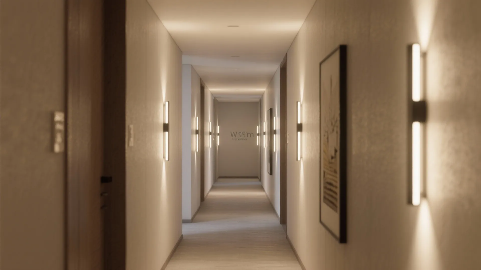 Long hallway with vertical strip wall lights on both sides, neutral walls, and framed art