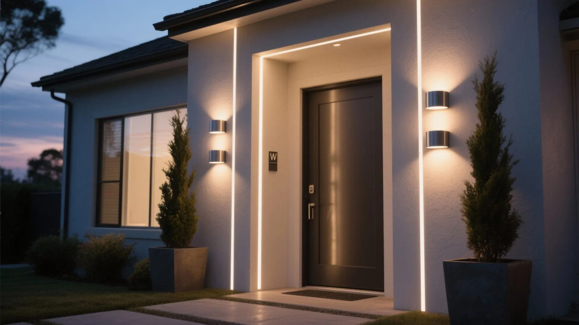 Staggered up/down cylinder sconces create tall vertical beams that frame a modern entry.