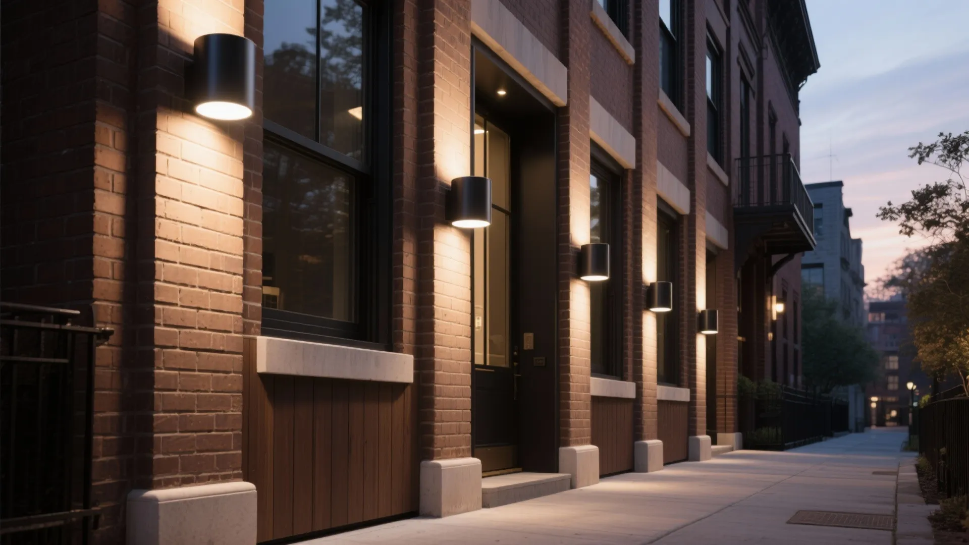 Modern brick building exterior at night featuring several black cylinder wall lights illuminating the sidewalk