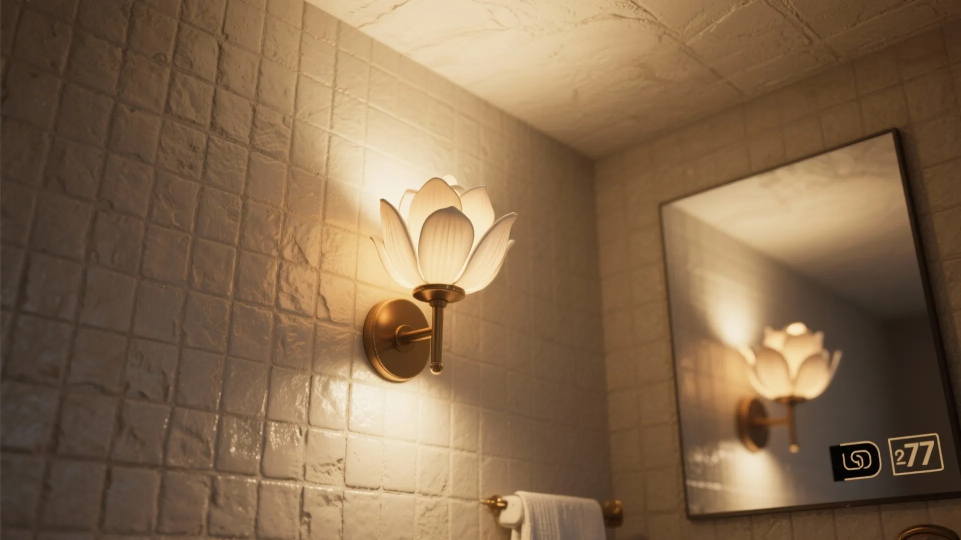 Up-and-down floral sconce casting light both upward and downward on a bathroom wall