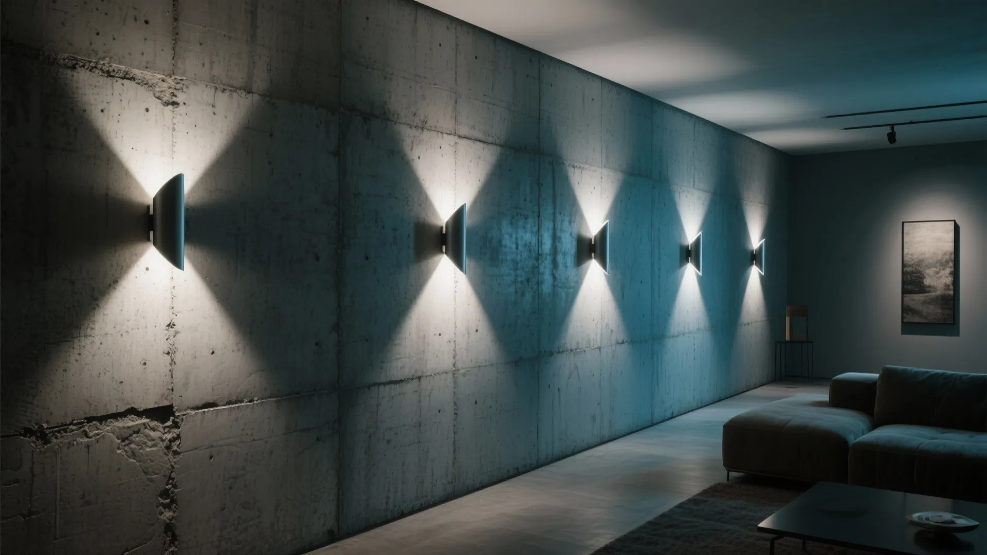 Concrete wall with up-down light sconces casting beams