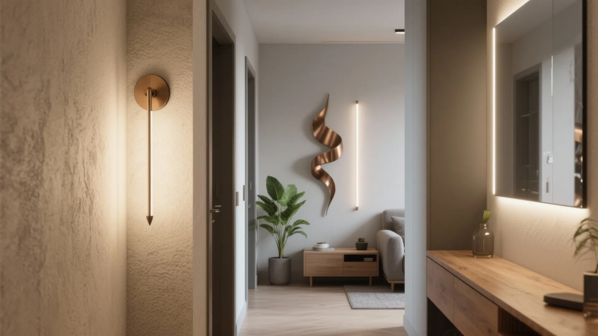 Modern hallway with warm wall light wood cabinet green plant sofa and creative gold wall decor