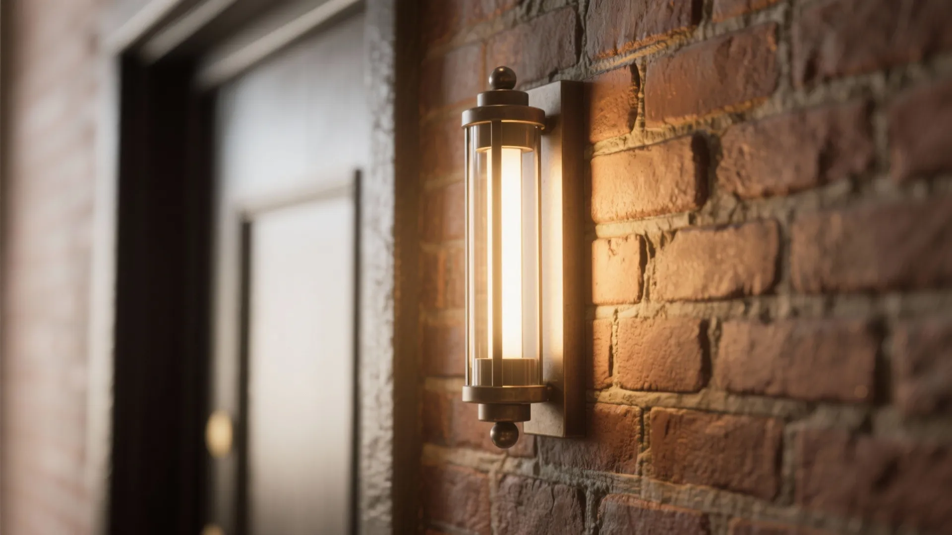 Modern cylinder shaped wall light glowing on a red brick wall next to a door