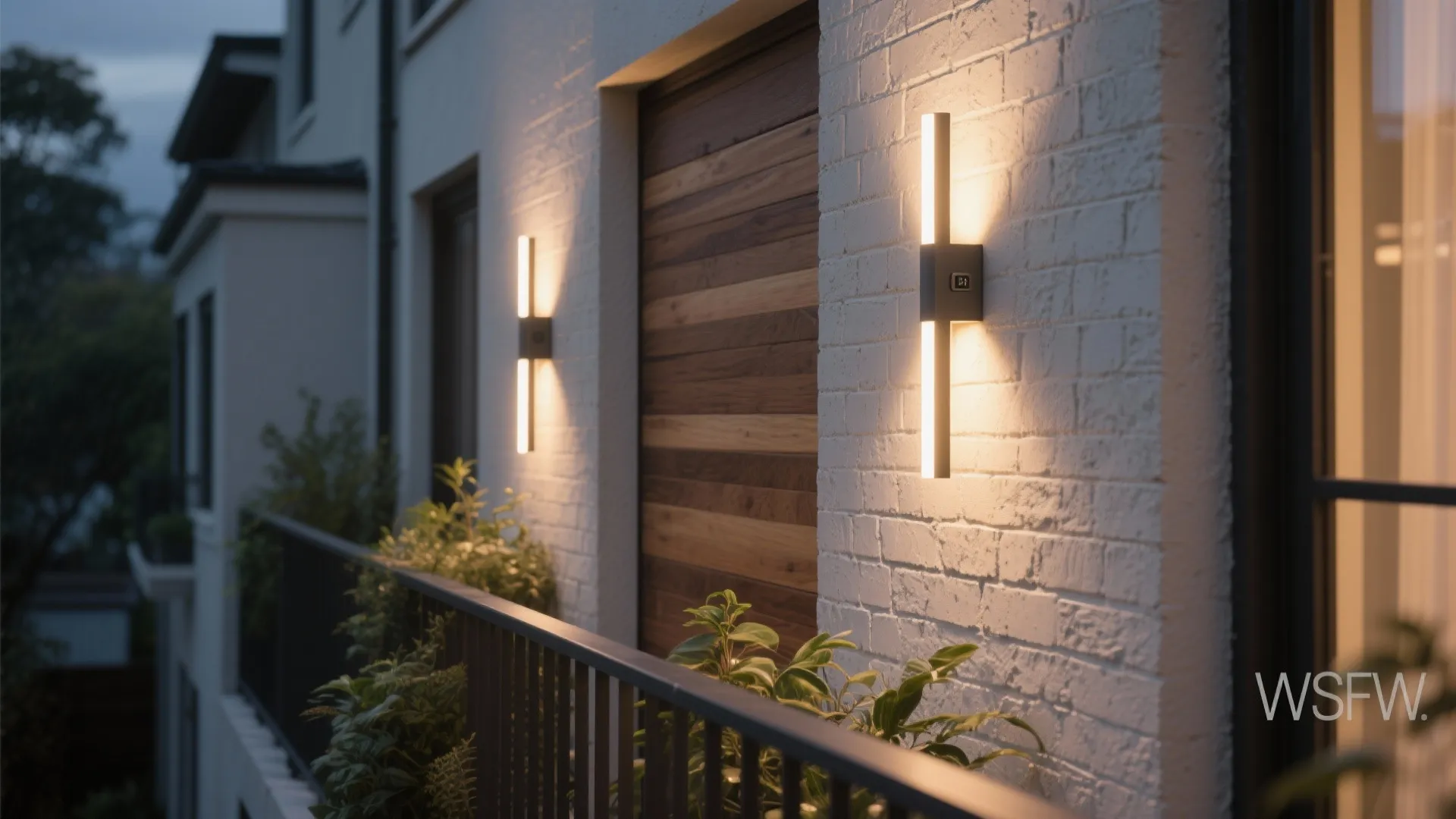 1) Minimalist up/down sconces that sculpt the facade