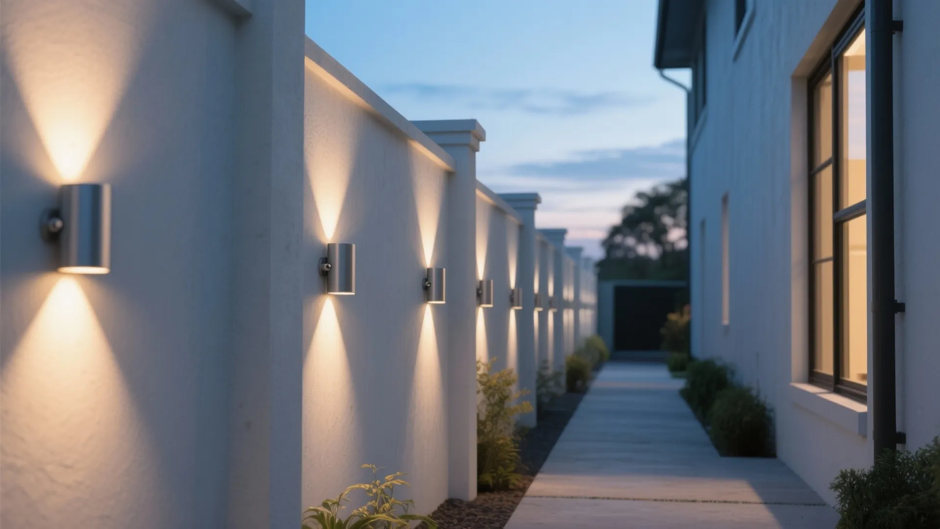 Low-glare up/down sconces for clean vertical rhythm