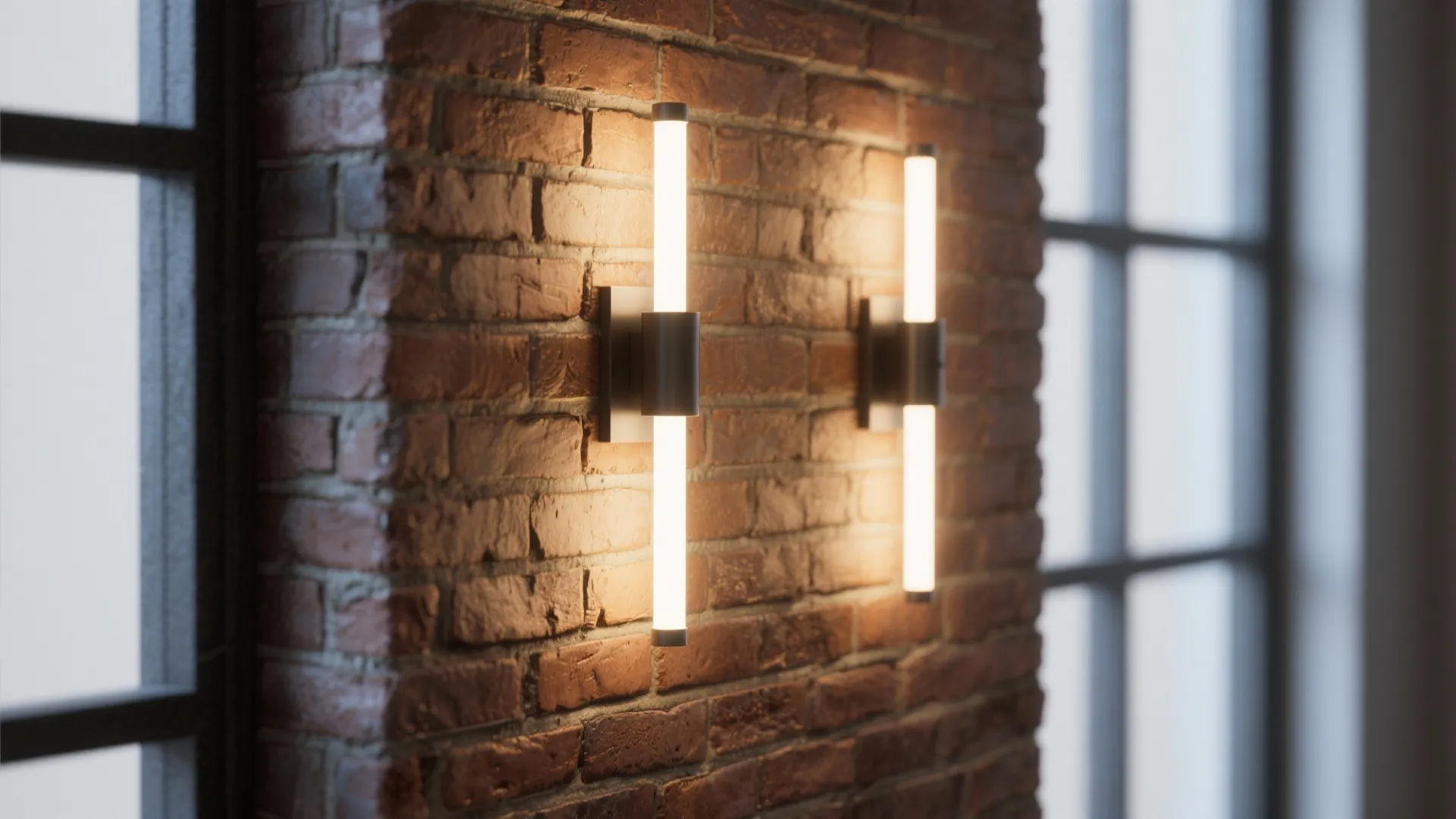 Two modern thin wall lights on red brick wall between windows in a loft interior