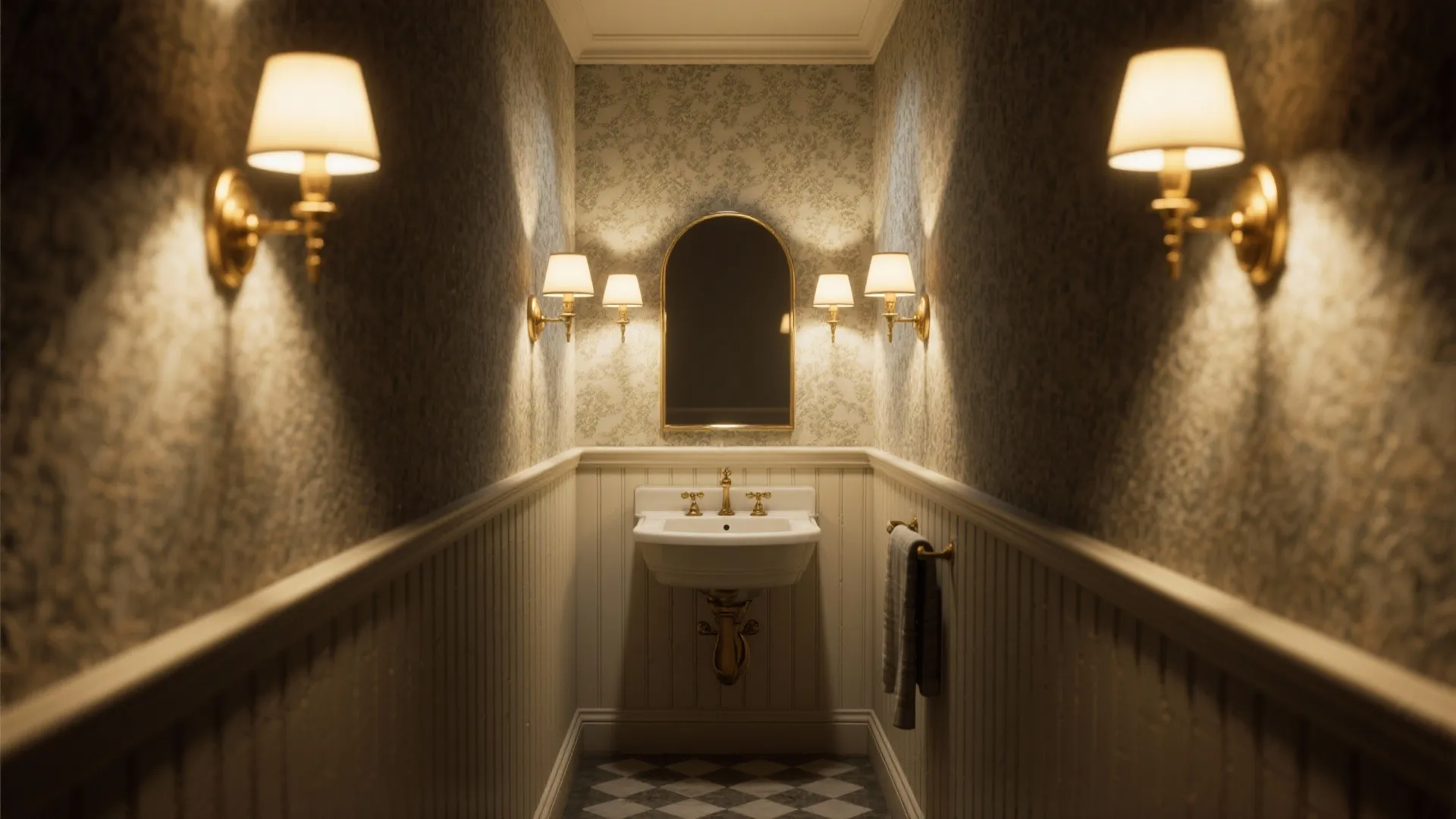 Brass up-and-down sconces highlighting beadboard and wallpaper texture in a powder room.