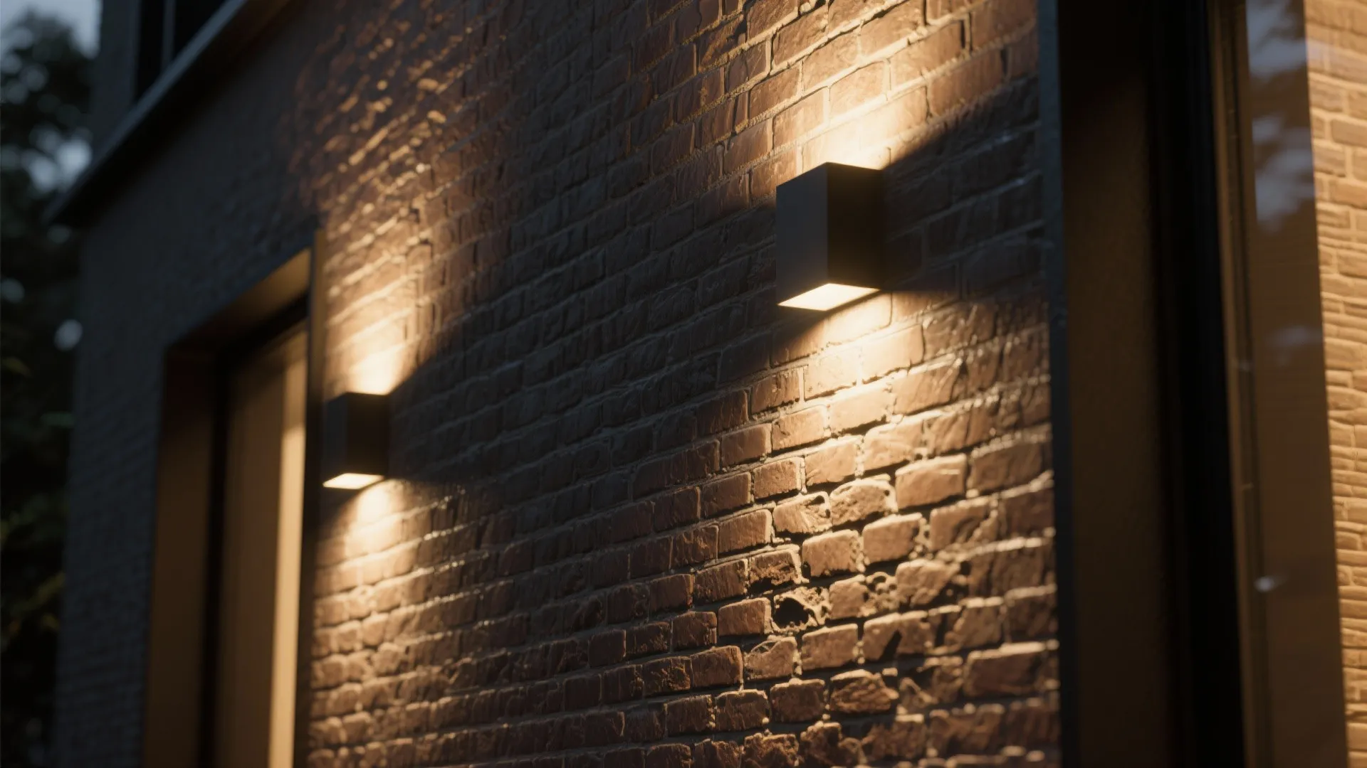 Two black square wall lights on a dark brick wall casting warm light up and down