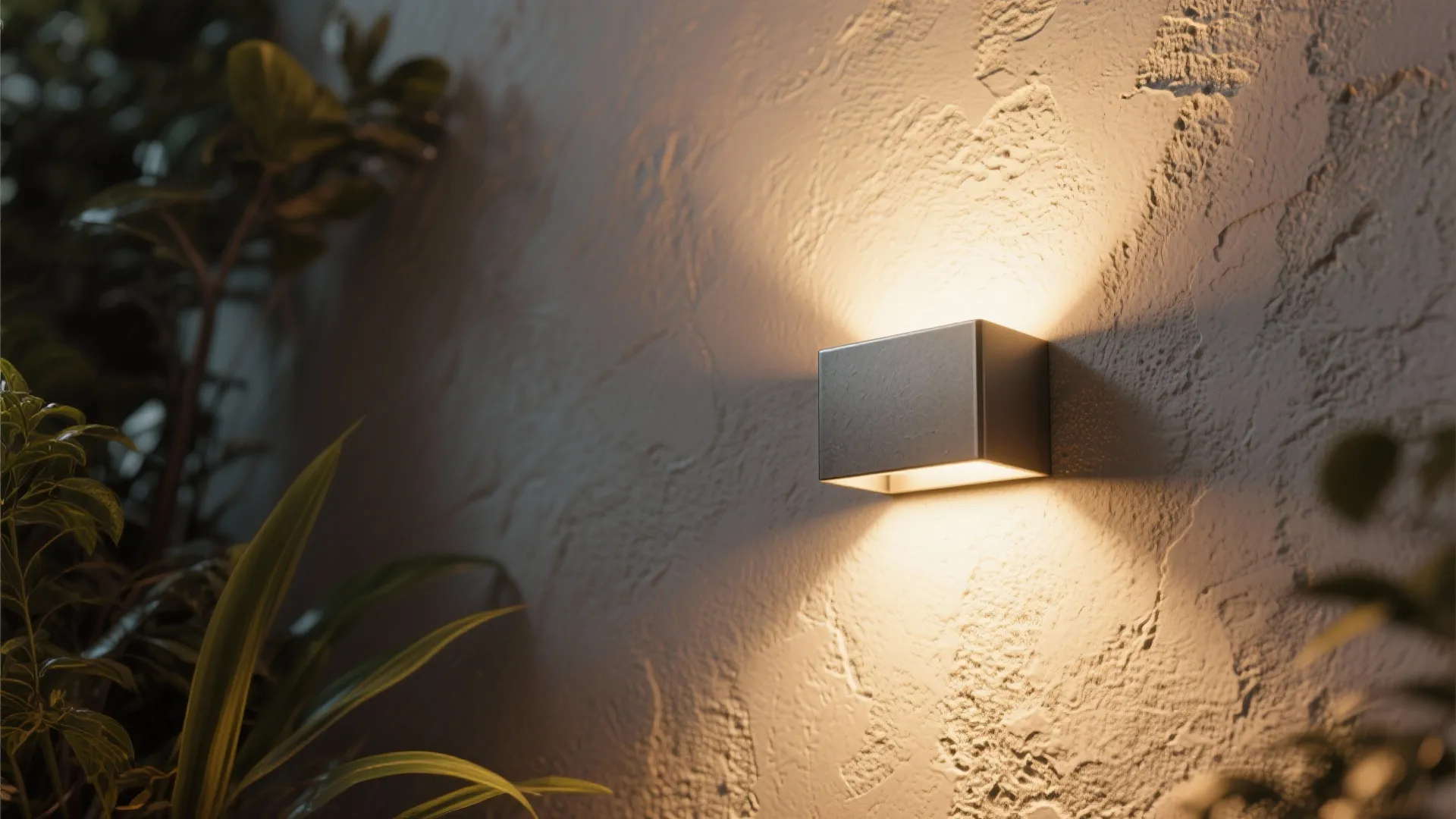 Modern square wall light casting warm beams on a textured wall near green indoor plants