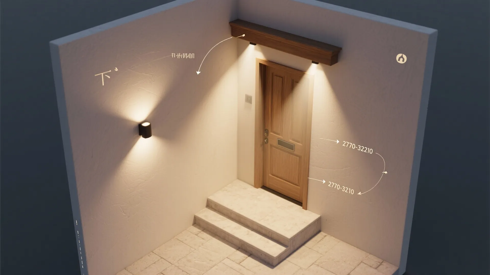 Interior design drawing showing entrance area with wall light and overhead light fixture on door
