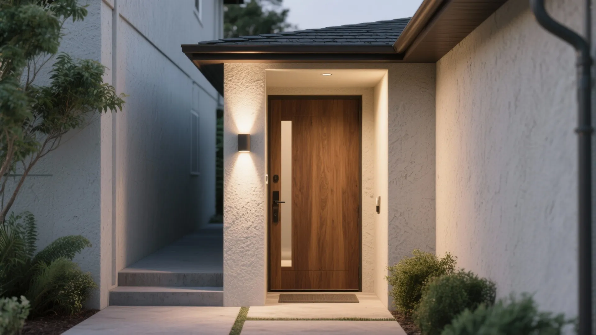 Modern wooden front door with wall light fixture on white wall and green plants outside