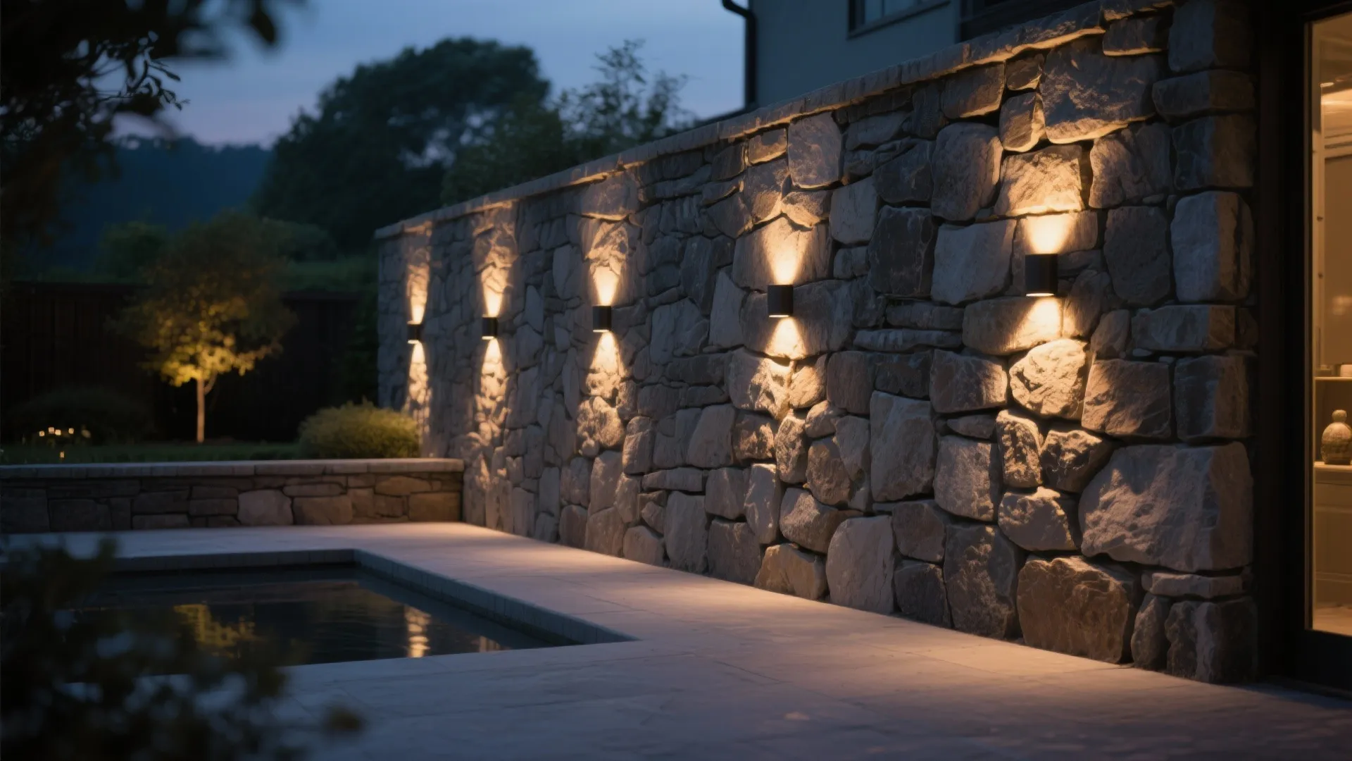 Stone wall with outdoor wall lights next to a swimming pool and a patio area