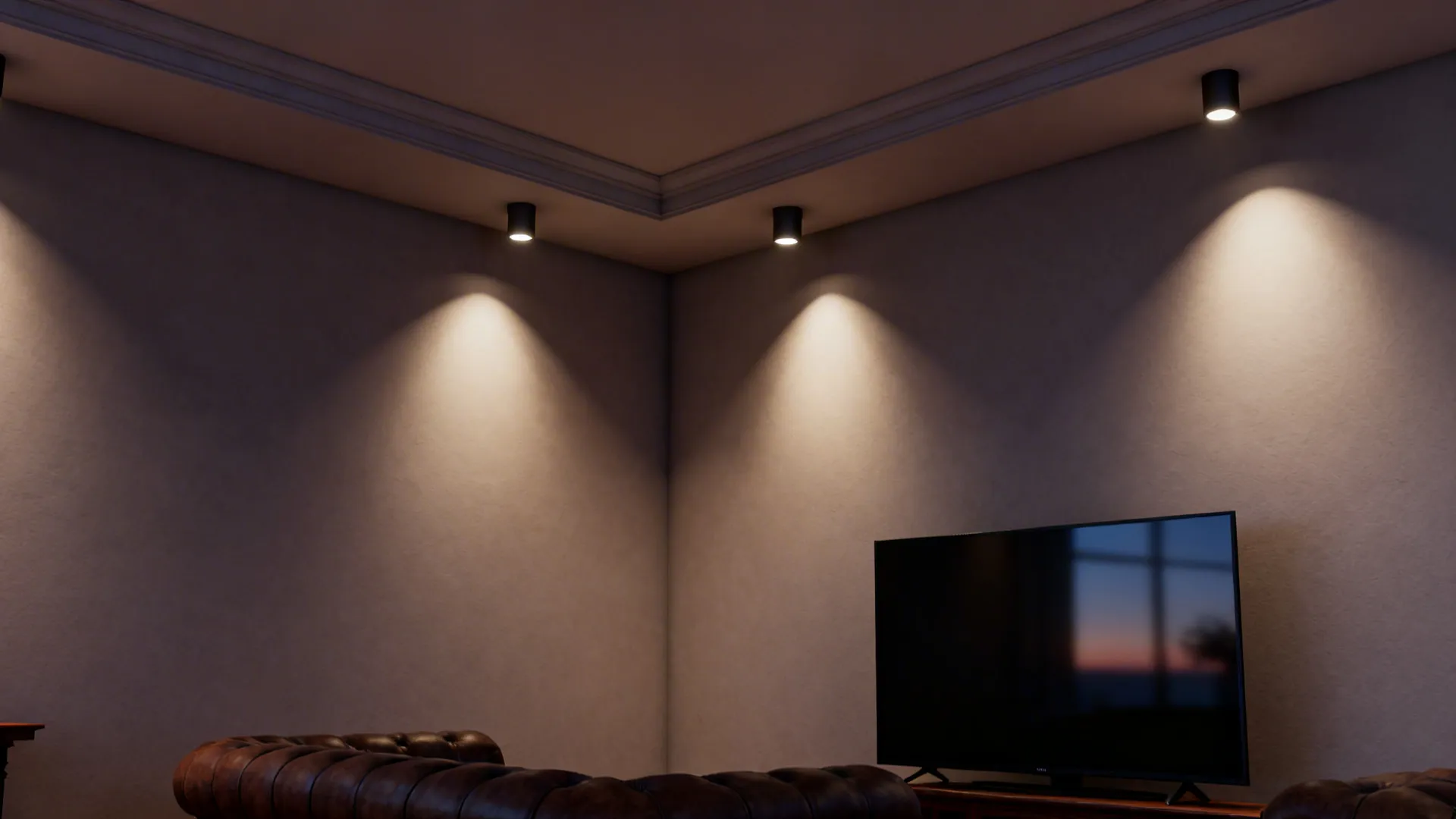 Corner lit by up-and-down wall washers creating ceiling and wall wash without TV glare
