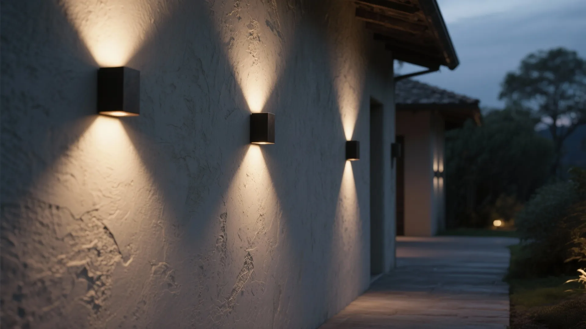 Up-down wall washers highlighting stucco texture with focused beams above and below