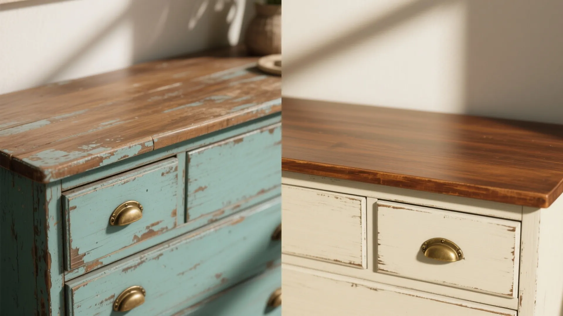 Before and after comparison of an old blue cabinet painted white with a polished top
