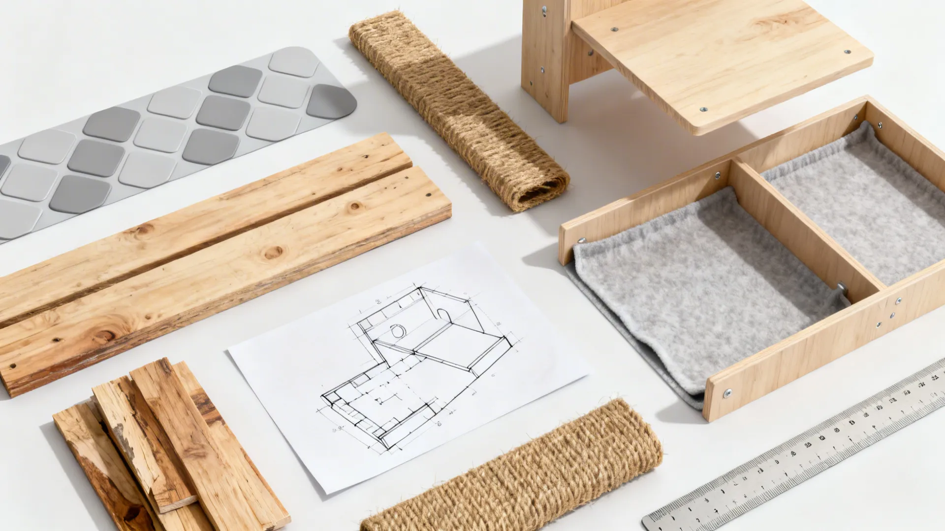 Flatlay of upcycle materials and modular components for budget-friendly cat projects.