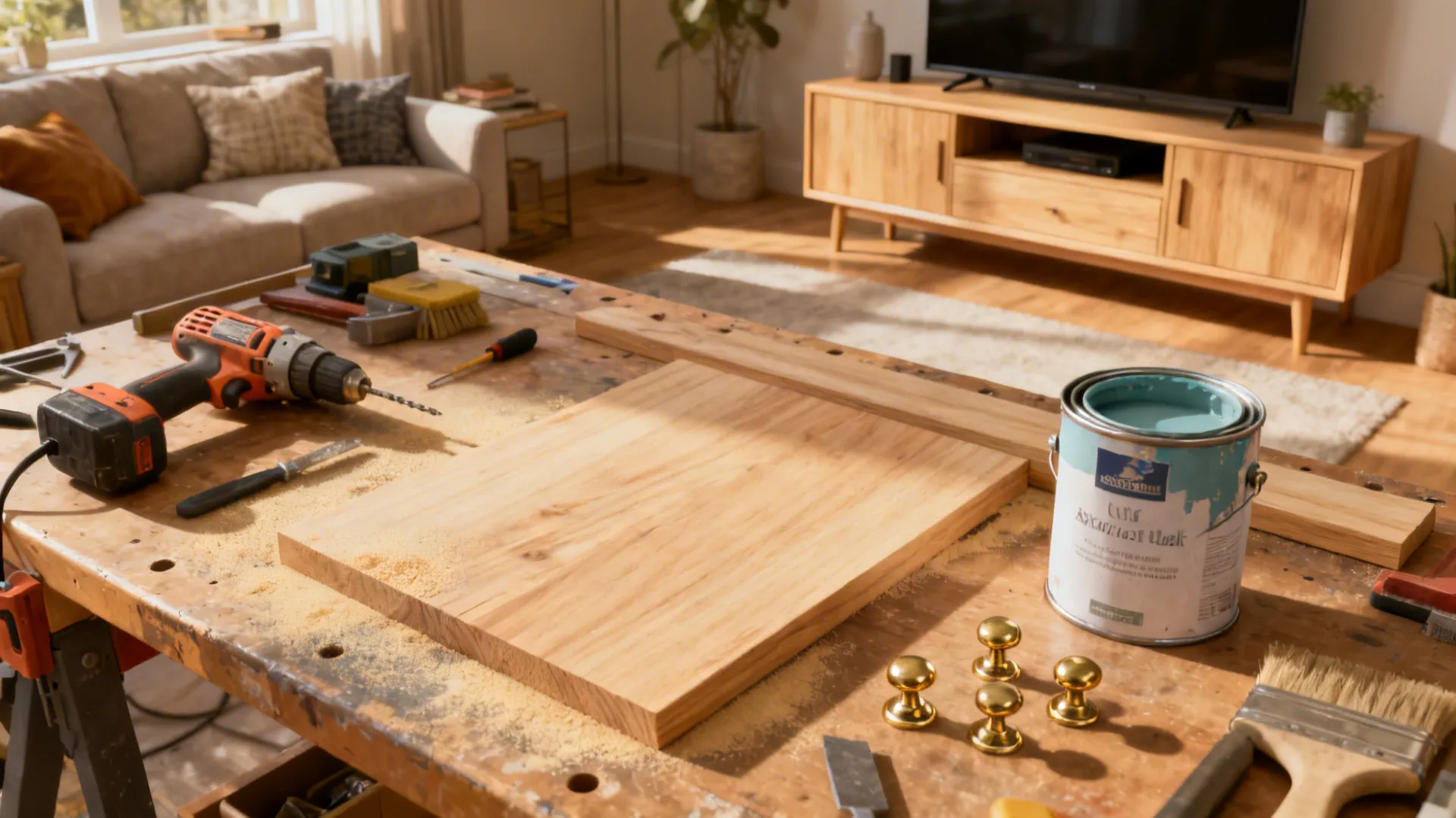 Workbench with power drill, blue paint, brushes, and wood planks in a bright living room