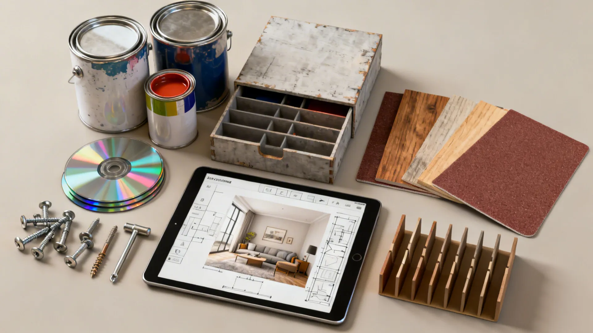 Paint cans, shiny discs, metal screws, tablet, wood samples, and sandpaper on a plain surface