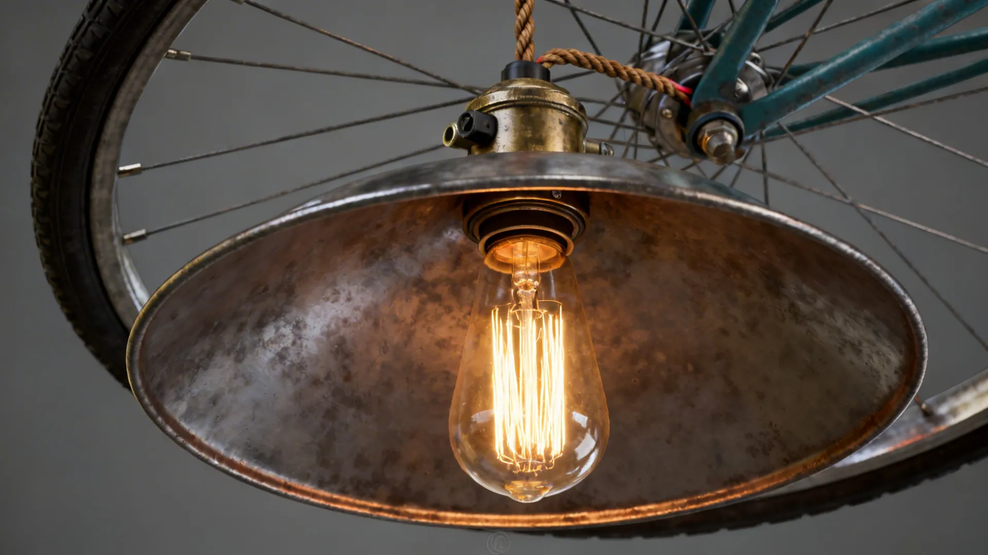 Industrial ceiling light fixture made from bicycle wheel and metal shade with glowing warm bulb