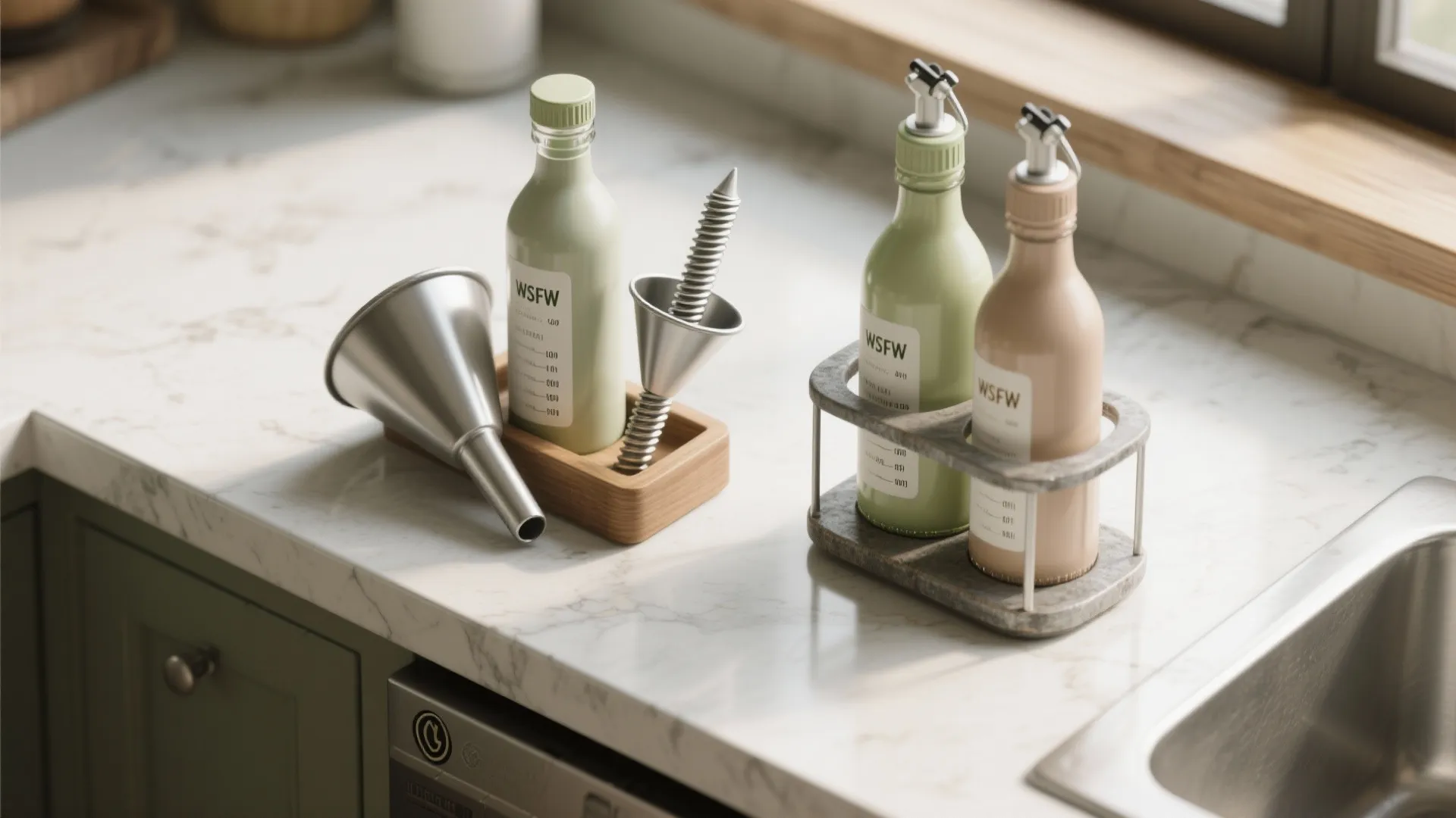 Flatlay of upcycled measuring spouts, funnels and a small caddy with color-coordinated refill bottles.