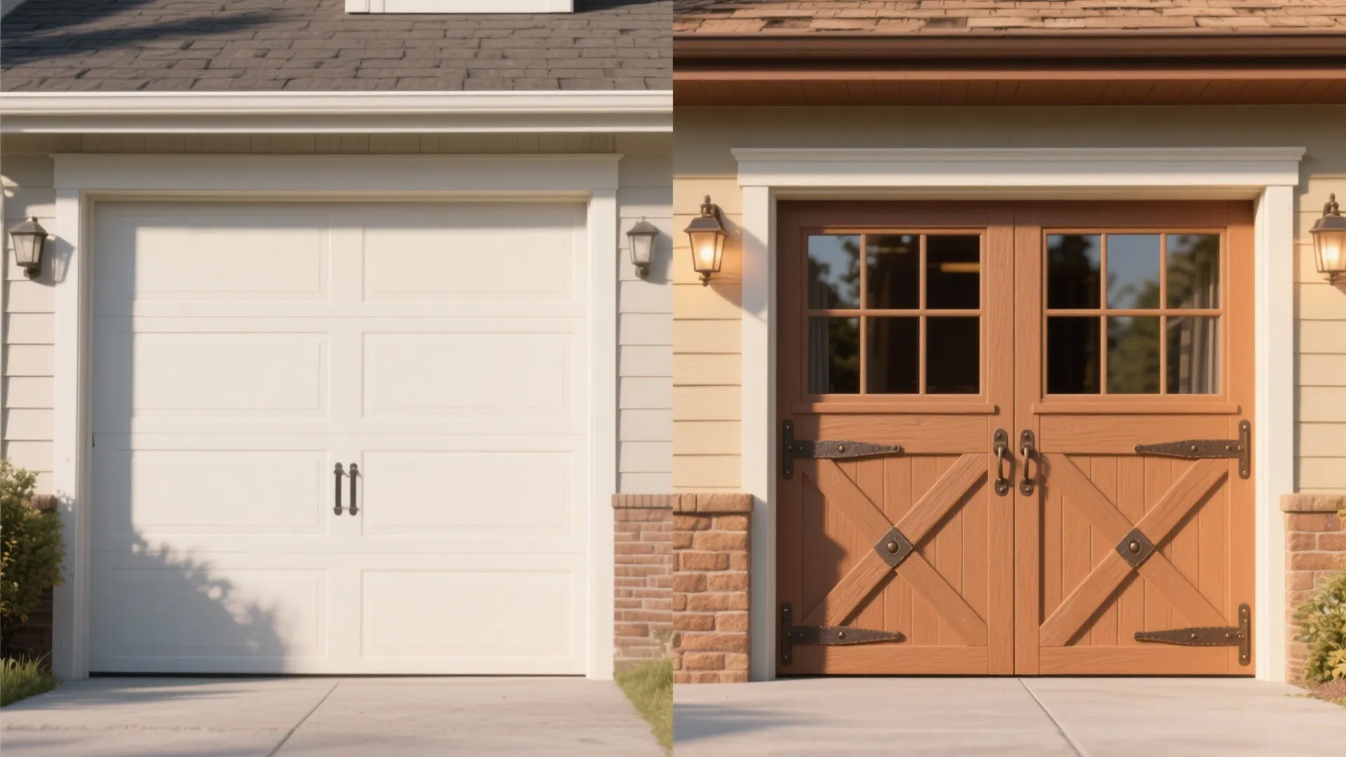 Before and after comparison of a plain white garage door and a brown wooden style door