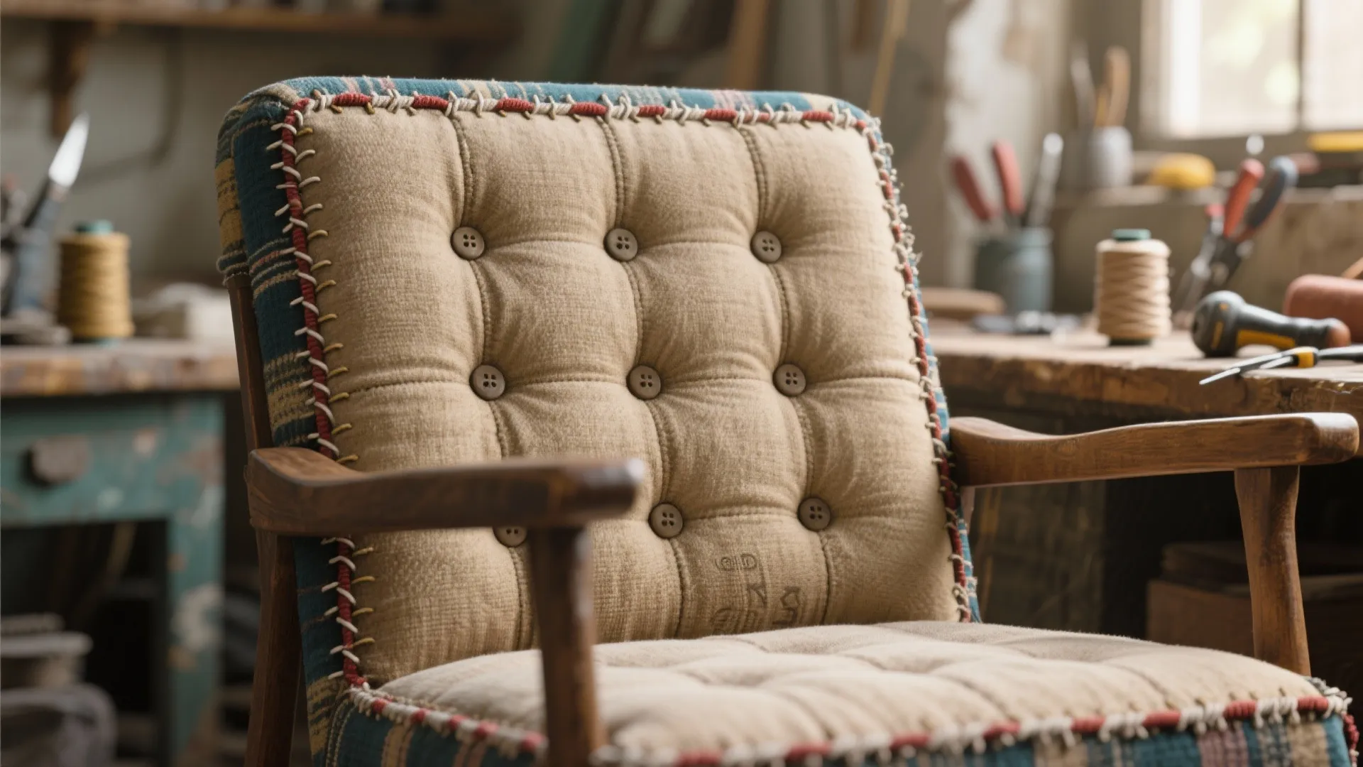 Upcycled wooden chair with beige fabric cushions and buttons sitting inside a rustic craft workshop