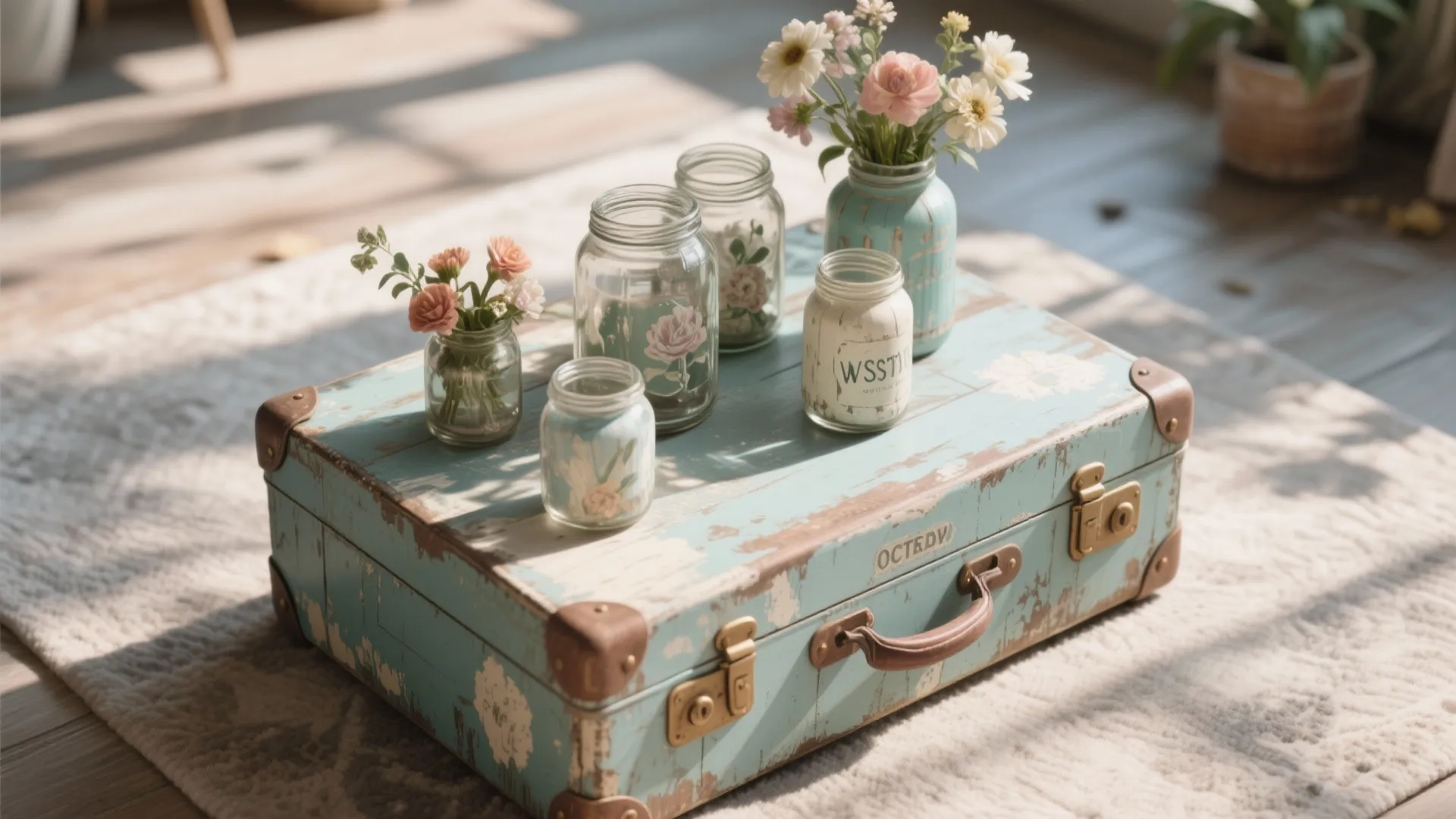 Flat lay of upcycled glass jars with flowers and vintage suitcase table