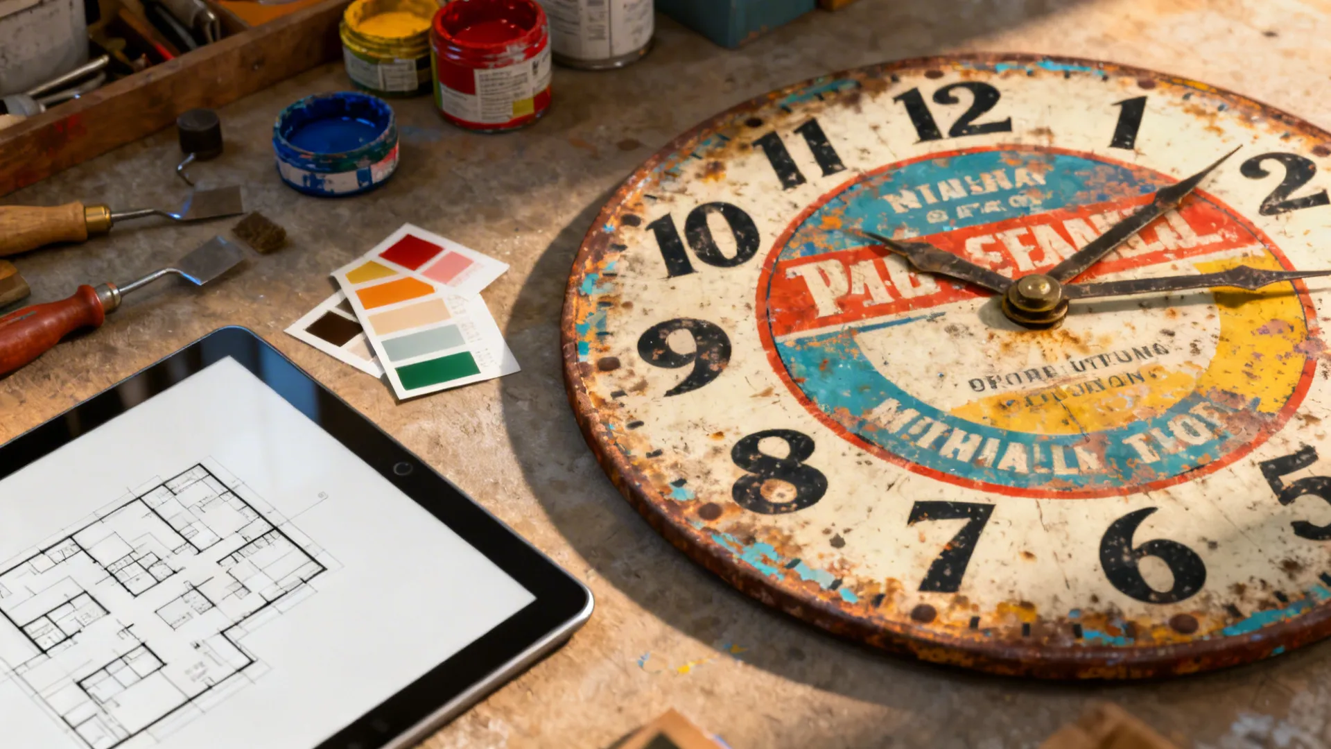 Flatlay of an upcycled vintage advertising clock face with paint swatches and restoration tools