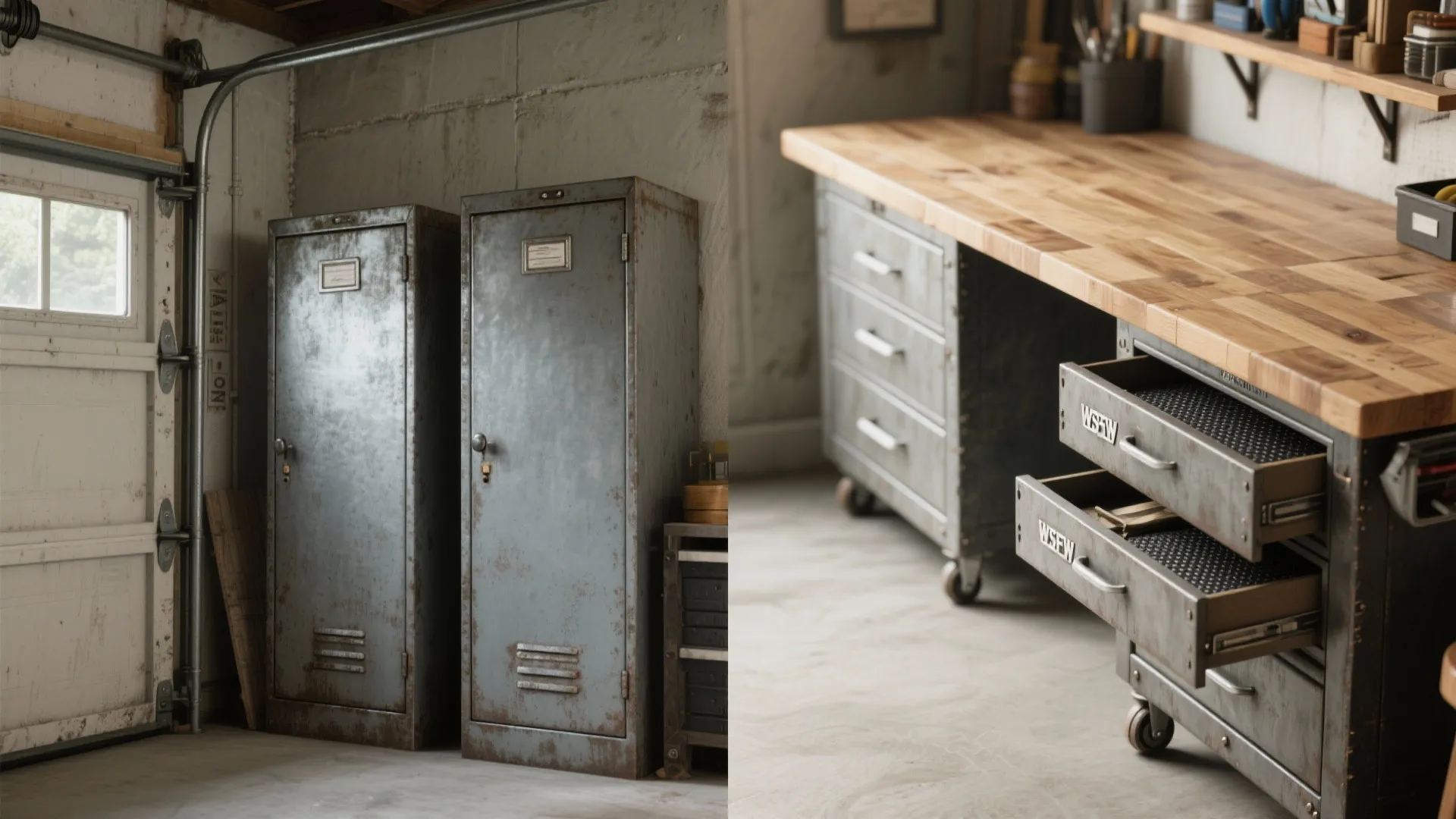 Before and after comparison showing old metal lockers transformed into a modern wooden top workbench