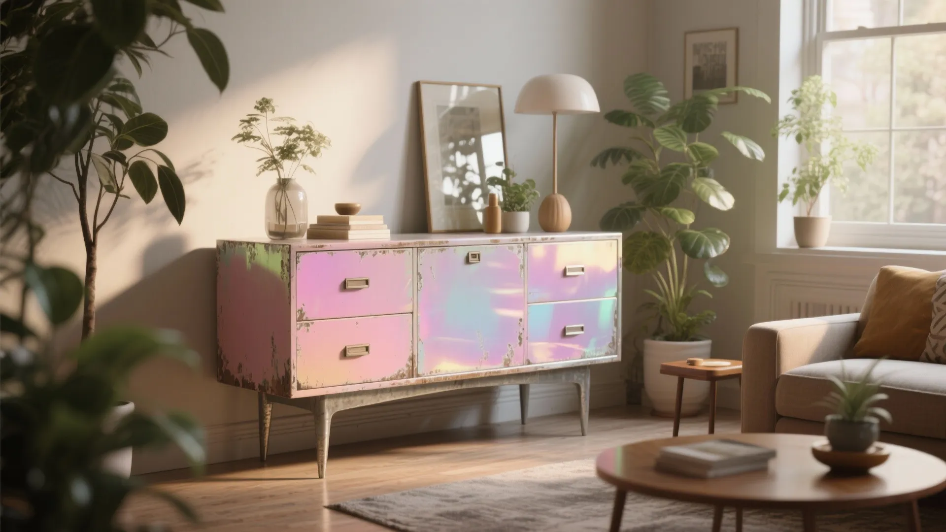Upcycled dresser finished in translucent candy lacquer over a metallic base, shown in a warm, plant-filled corner.