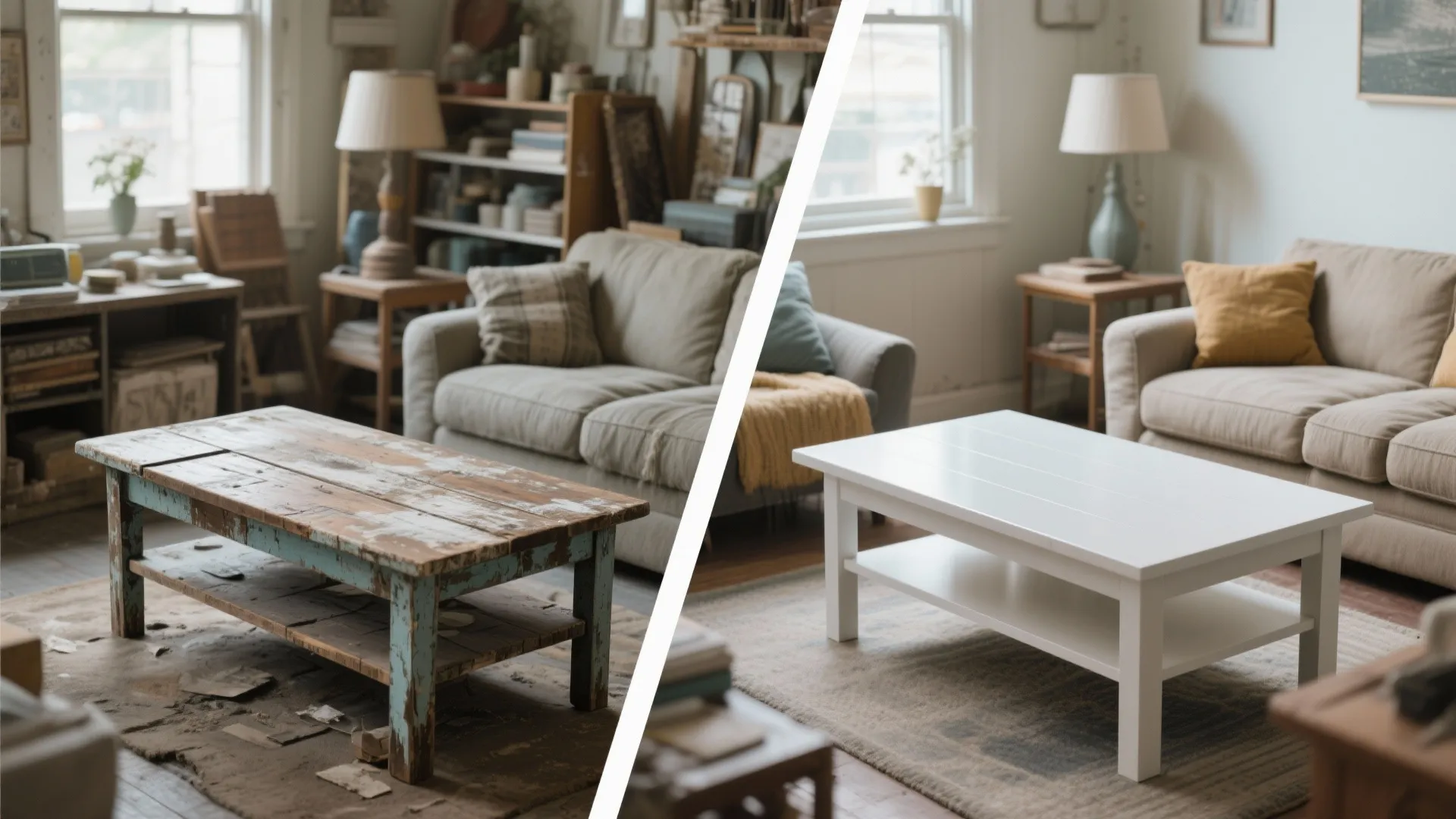 Before and after of upcycled coffee table in living room