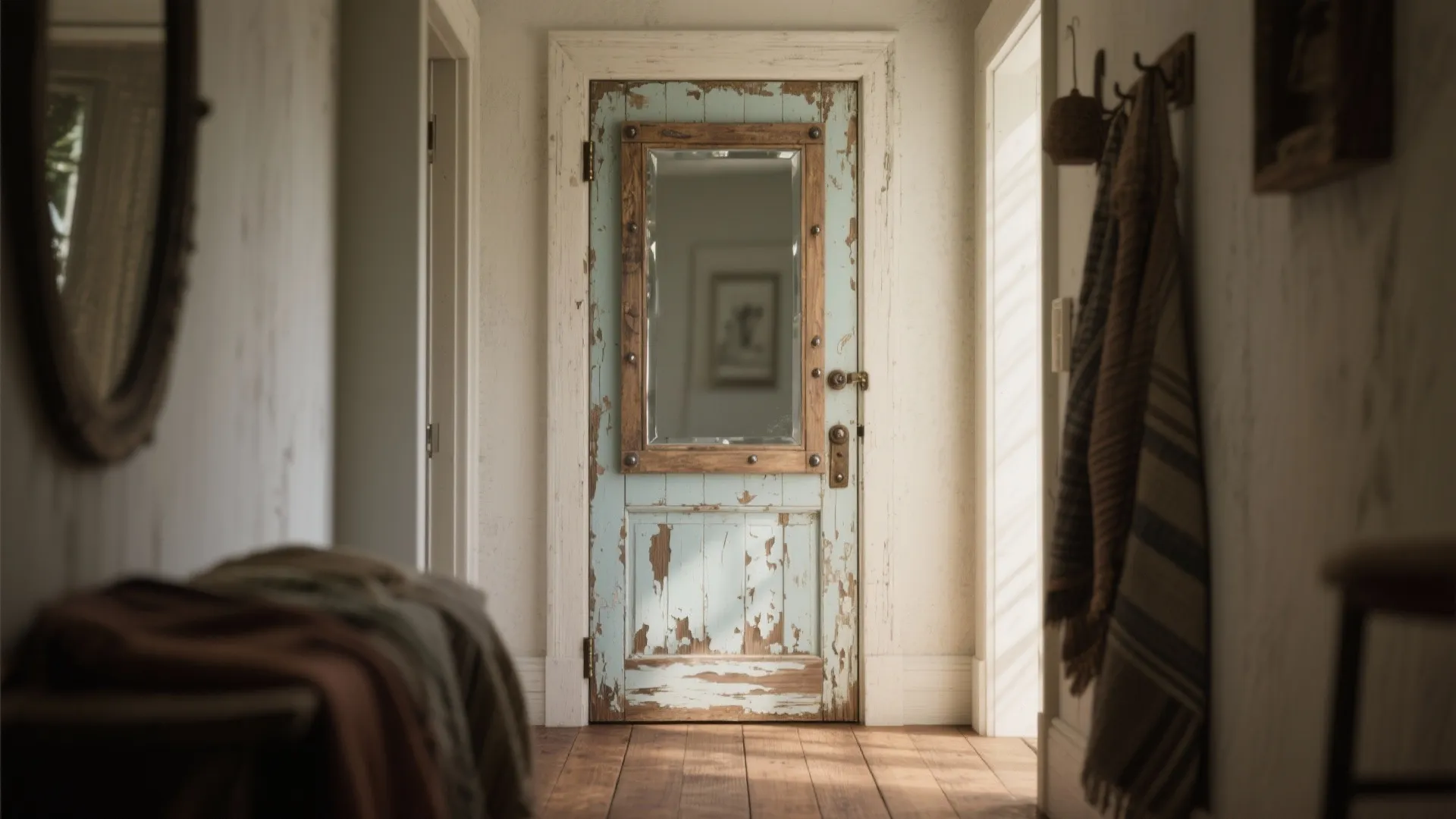 Distressed blue wooden door with a rectangular mirror panel in a rustic home hallway setting