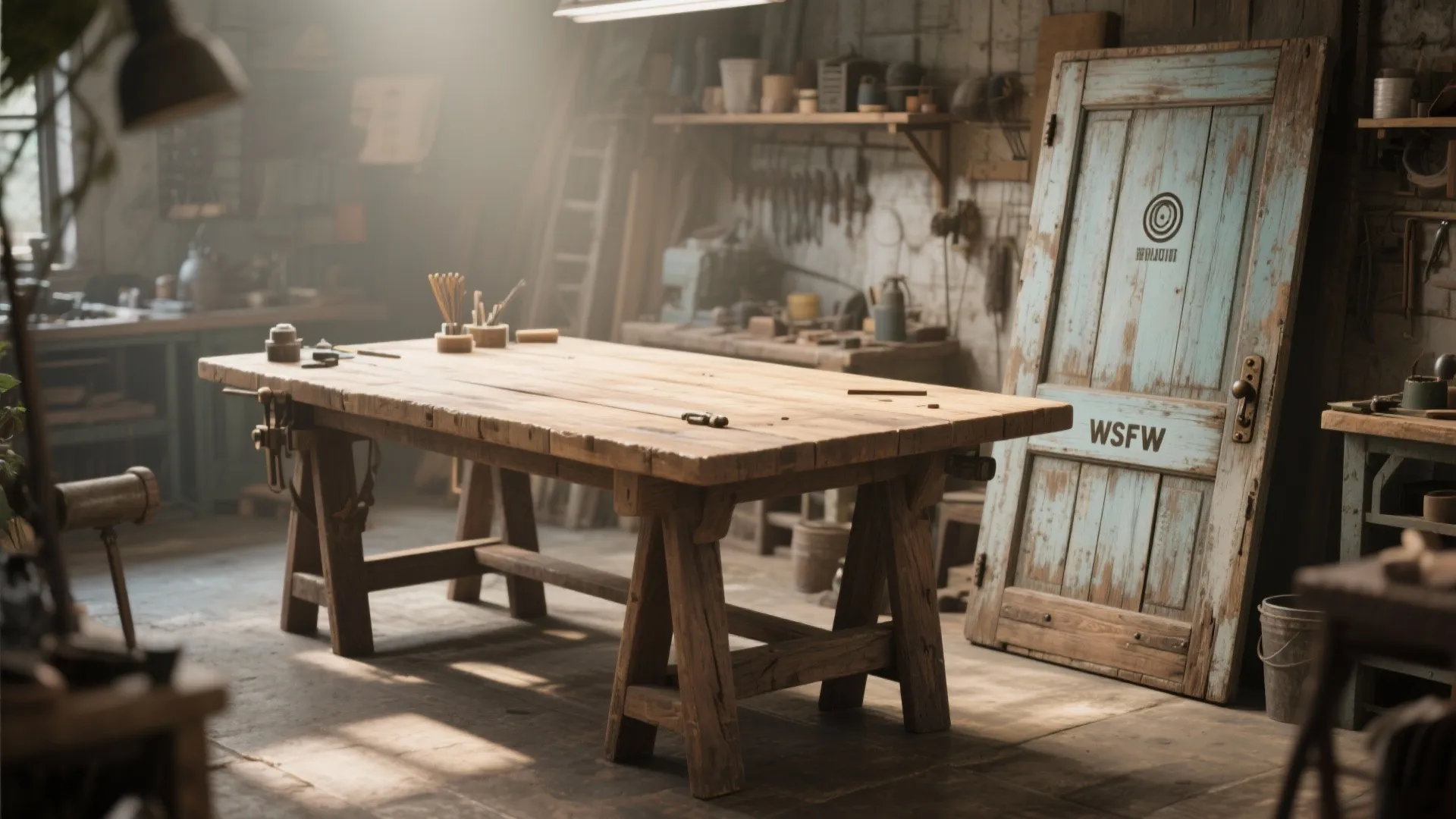 3. Upcycled Door into a Rustic Craft Table