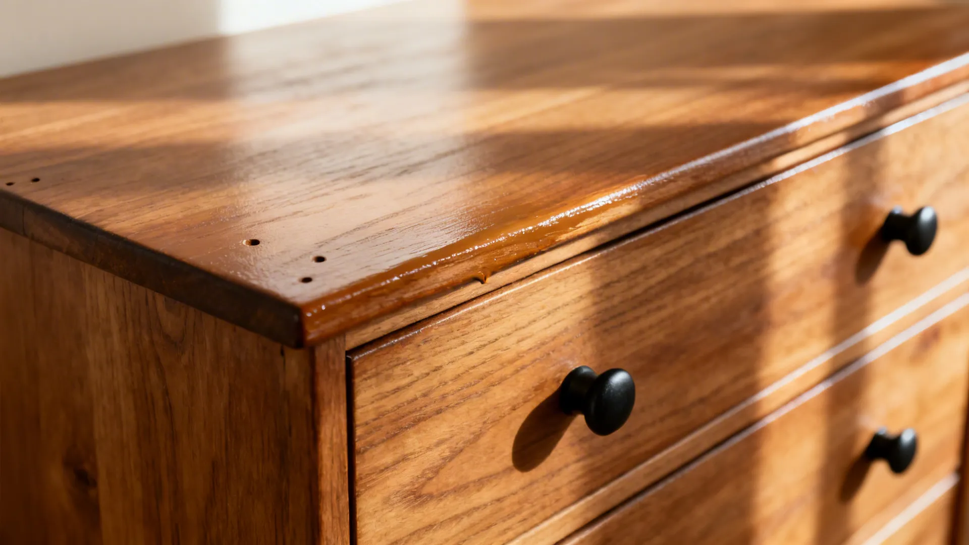 Close-up of a waxed wood dresser with matte black pull showing refined texture and finish.