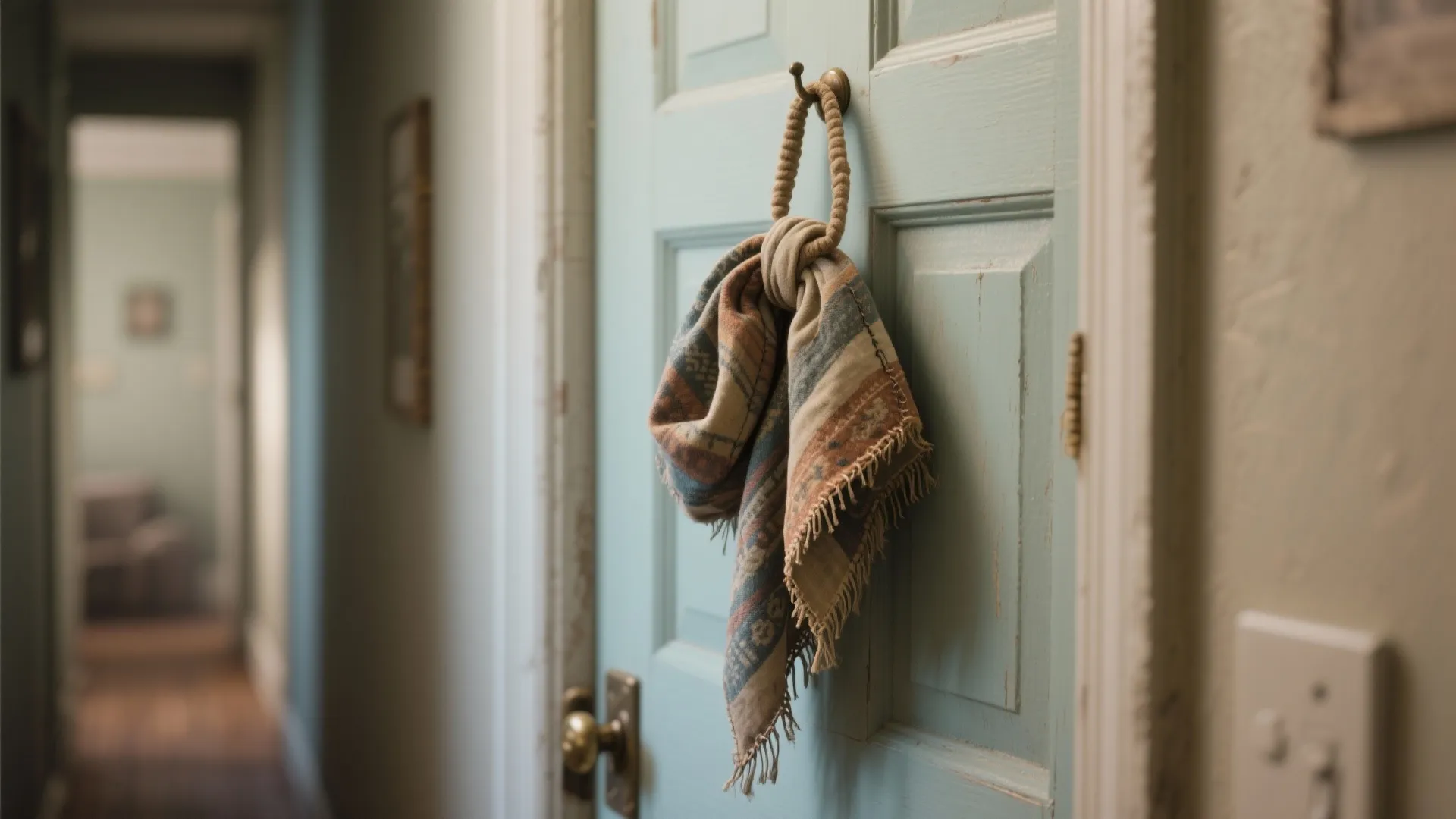 A handmade upcycled fabric door hanger from a thrifted scarf hanging on an interior door, showing stitches and soft texture.