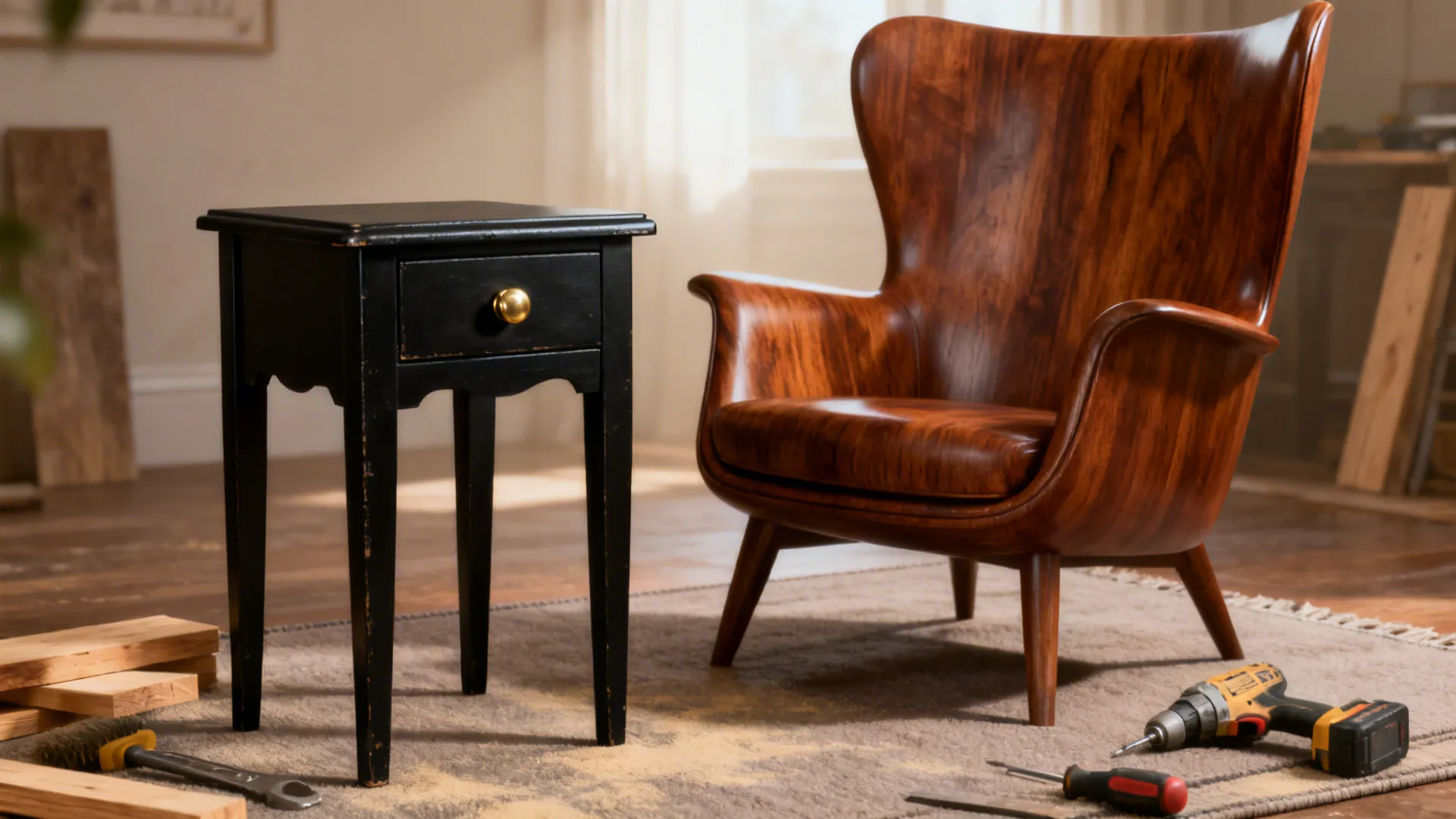 Refinished side table in matte black with brass knob next to a warm walnut armchair