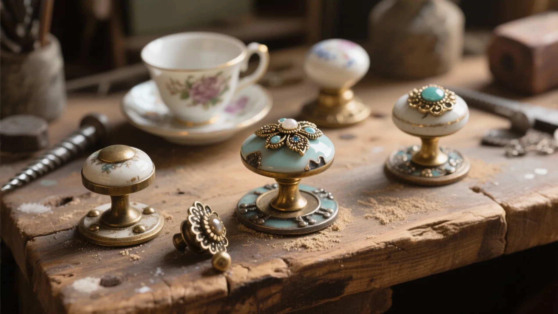 Ornate vintage cabinet knobs displayed on a rustic wooden workbench next to a white teacup
