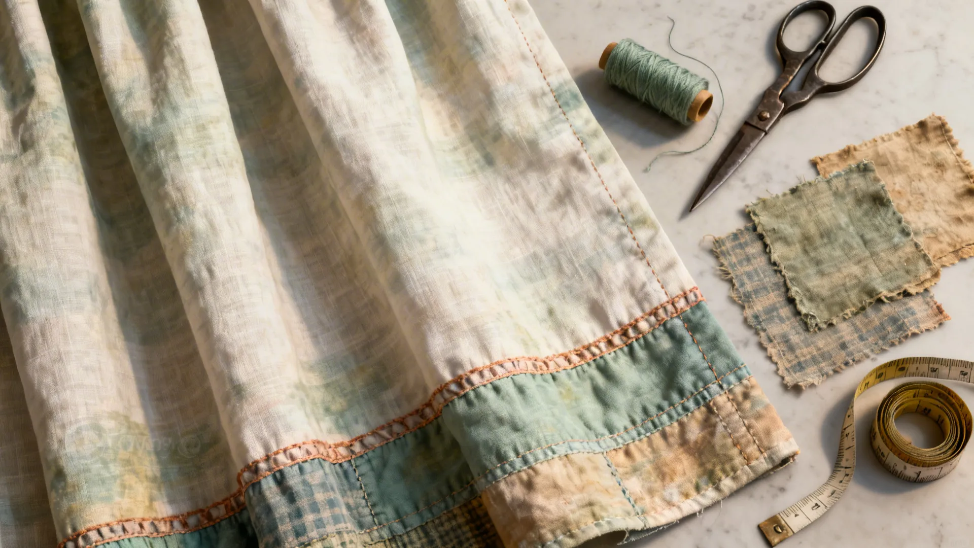 Flatlay of upcycled bedsheet panels with patchwork trim and sewing tools.