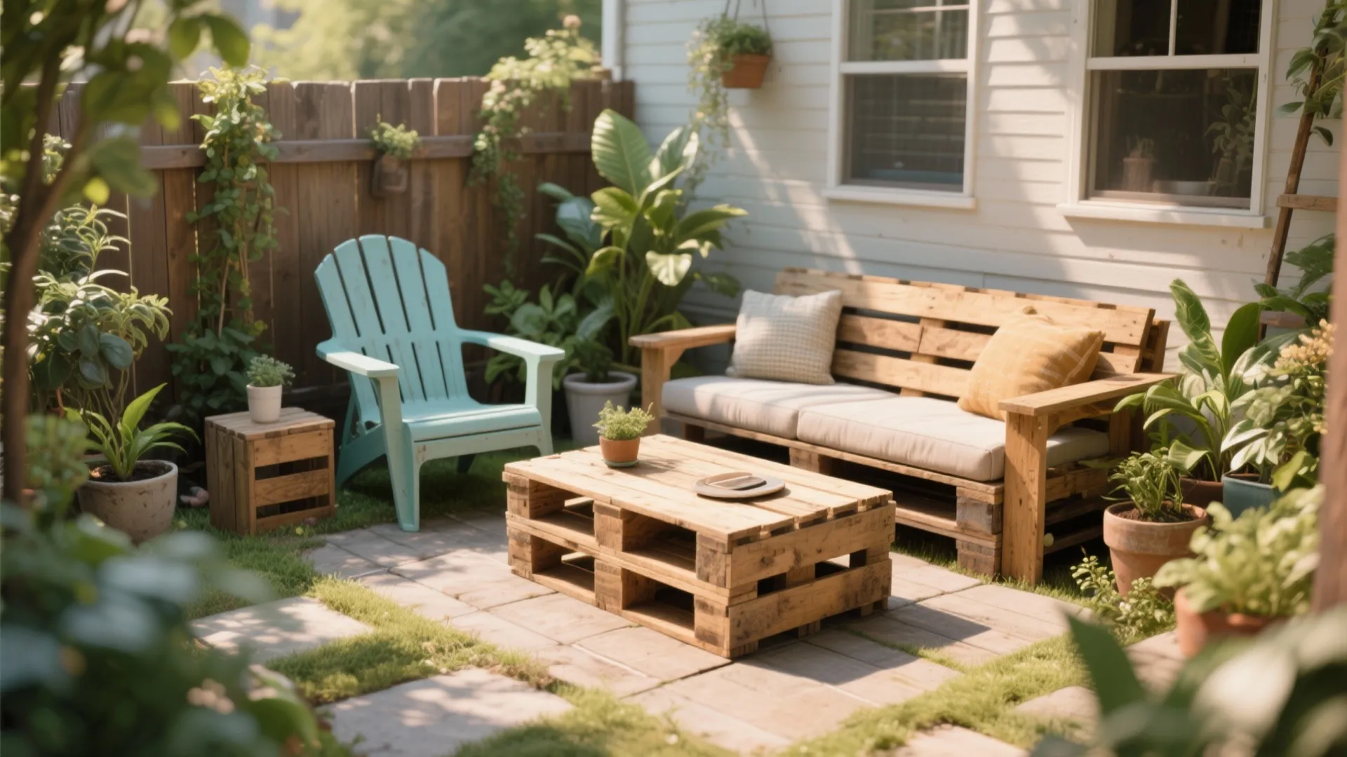 Upcycled patio furniture made from crates and pallets