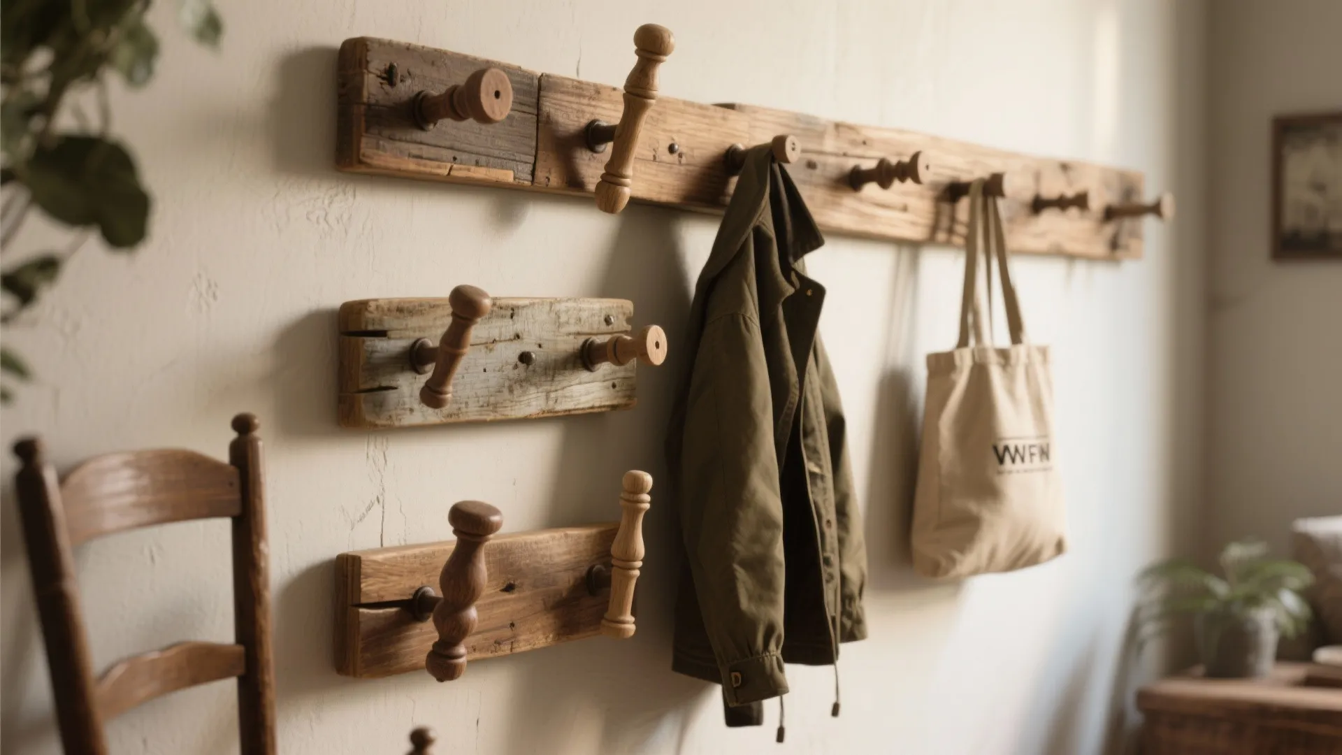 Wooden wall hooks made from recycled wood hanging an olive jacket and a canvas bag