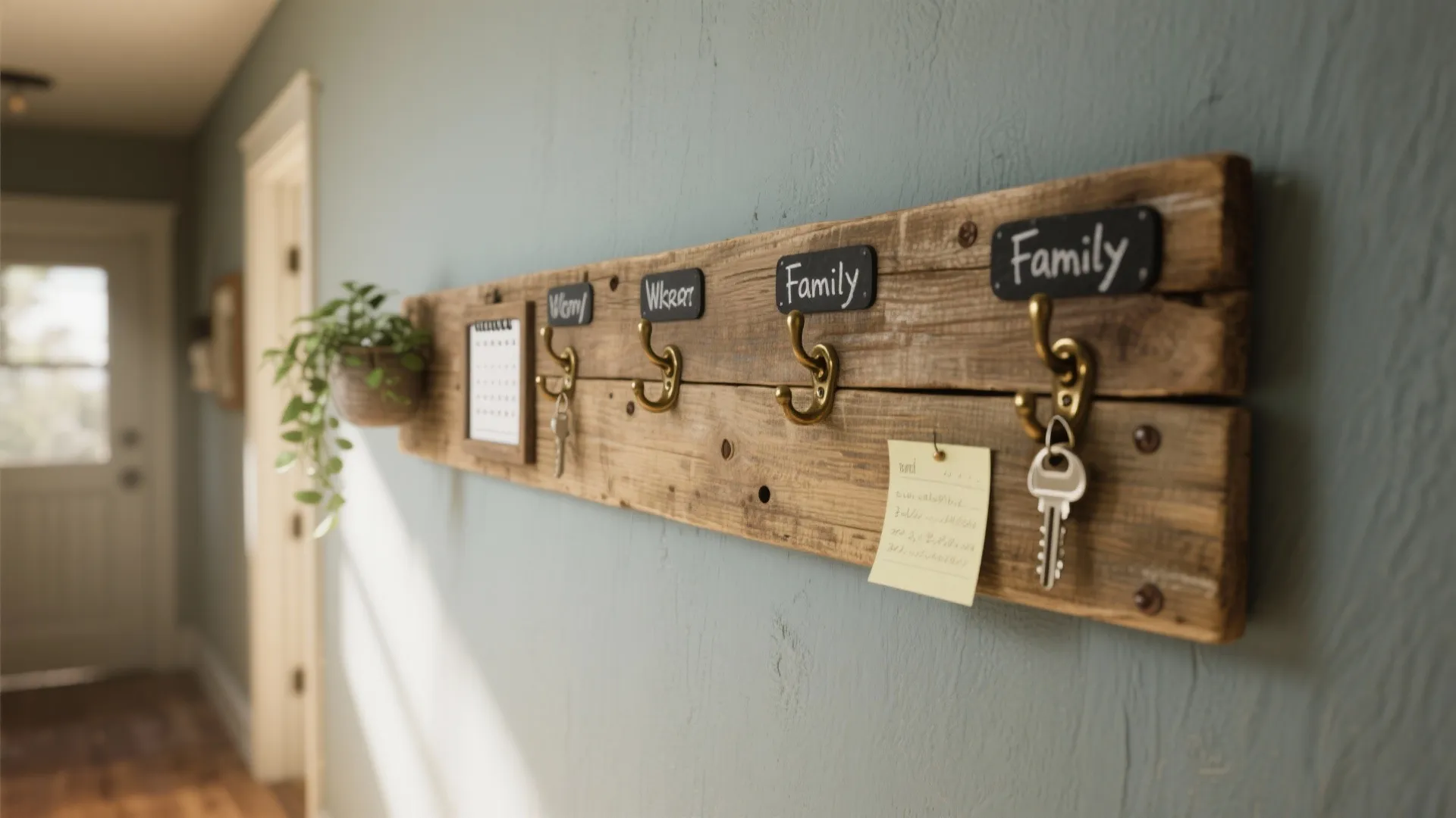 3. Upcycled wood plank with labeled hooks