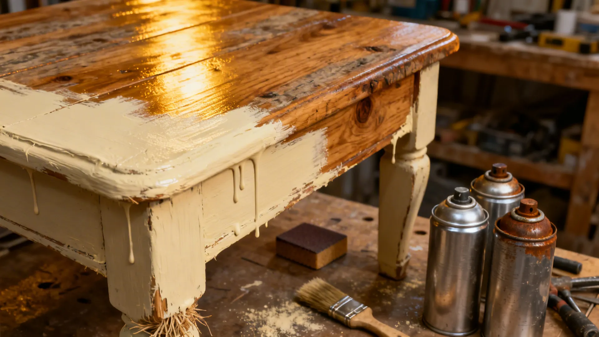 Close-up of a repainted vintage side table with sanding and lacquer details.