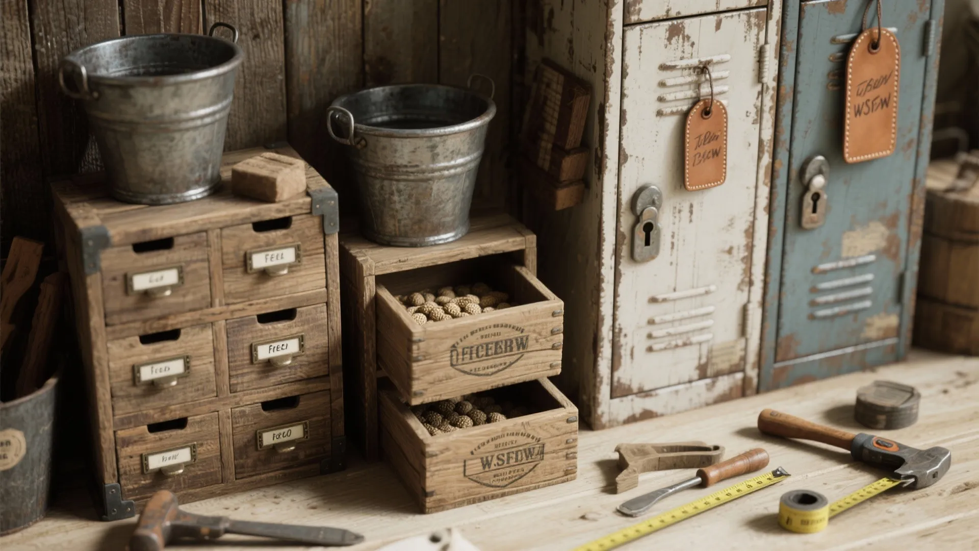 Vintage workshop storage with wooden drawers metal buckets old lockers and various hand tools on table