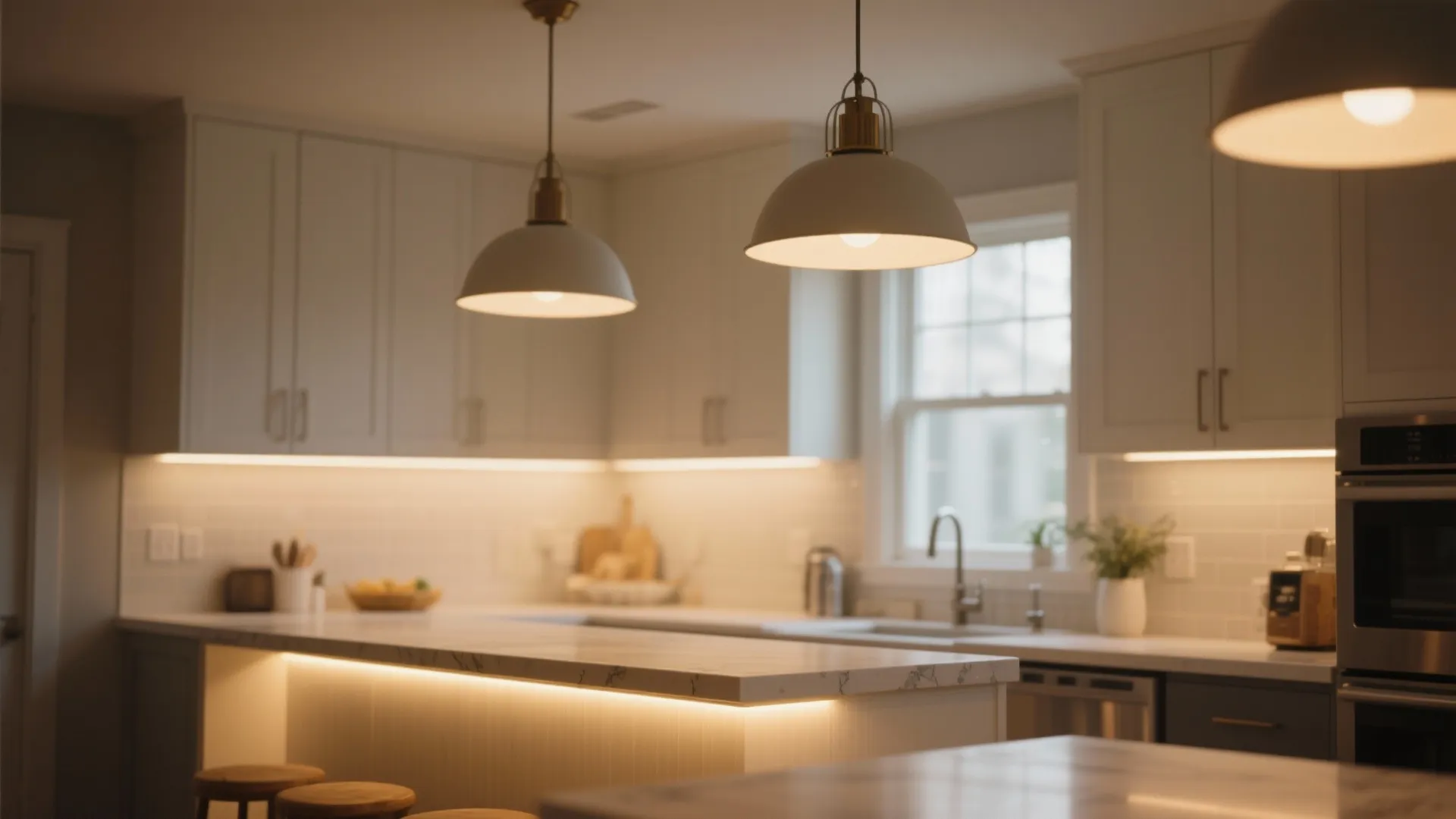 Modern kitchen with warm light strips under white cabinets and large round hanging ceiling lights