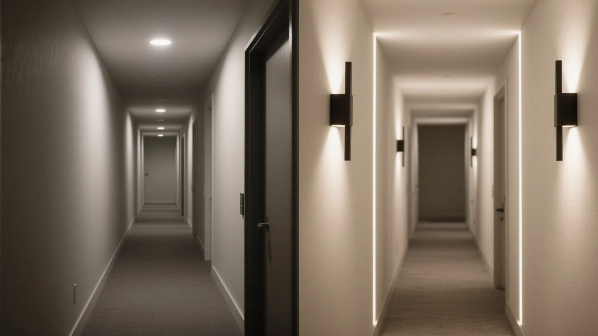 Before and after comparison of hallway lighting showing simple ceiling lights versus modern wall light fixtures