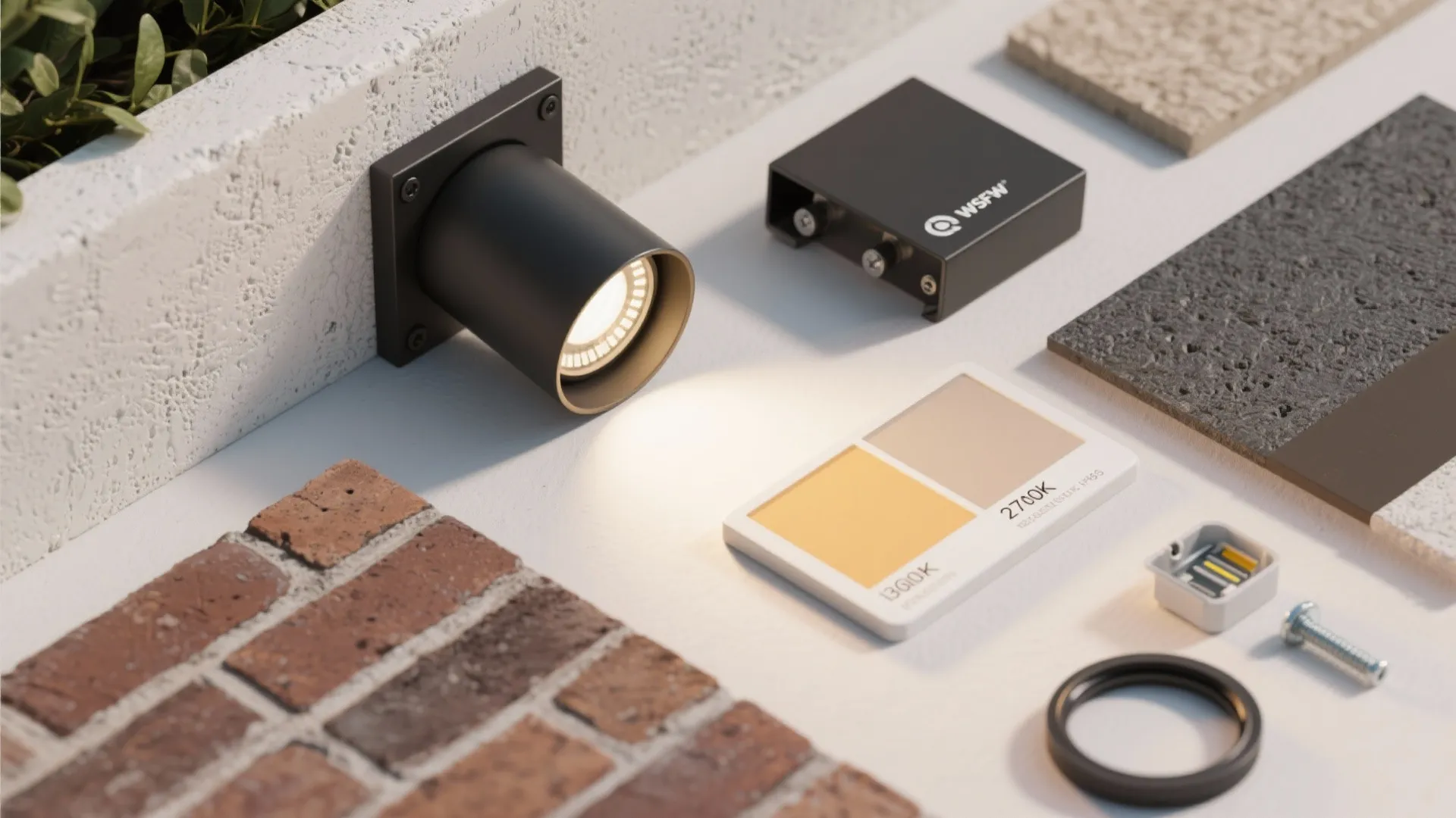Flat lay of up/down sconce materials with stucco and brick swatches, warm LEDs, and IP65 gasket details.
