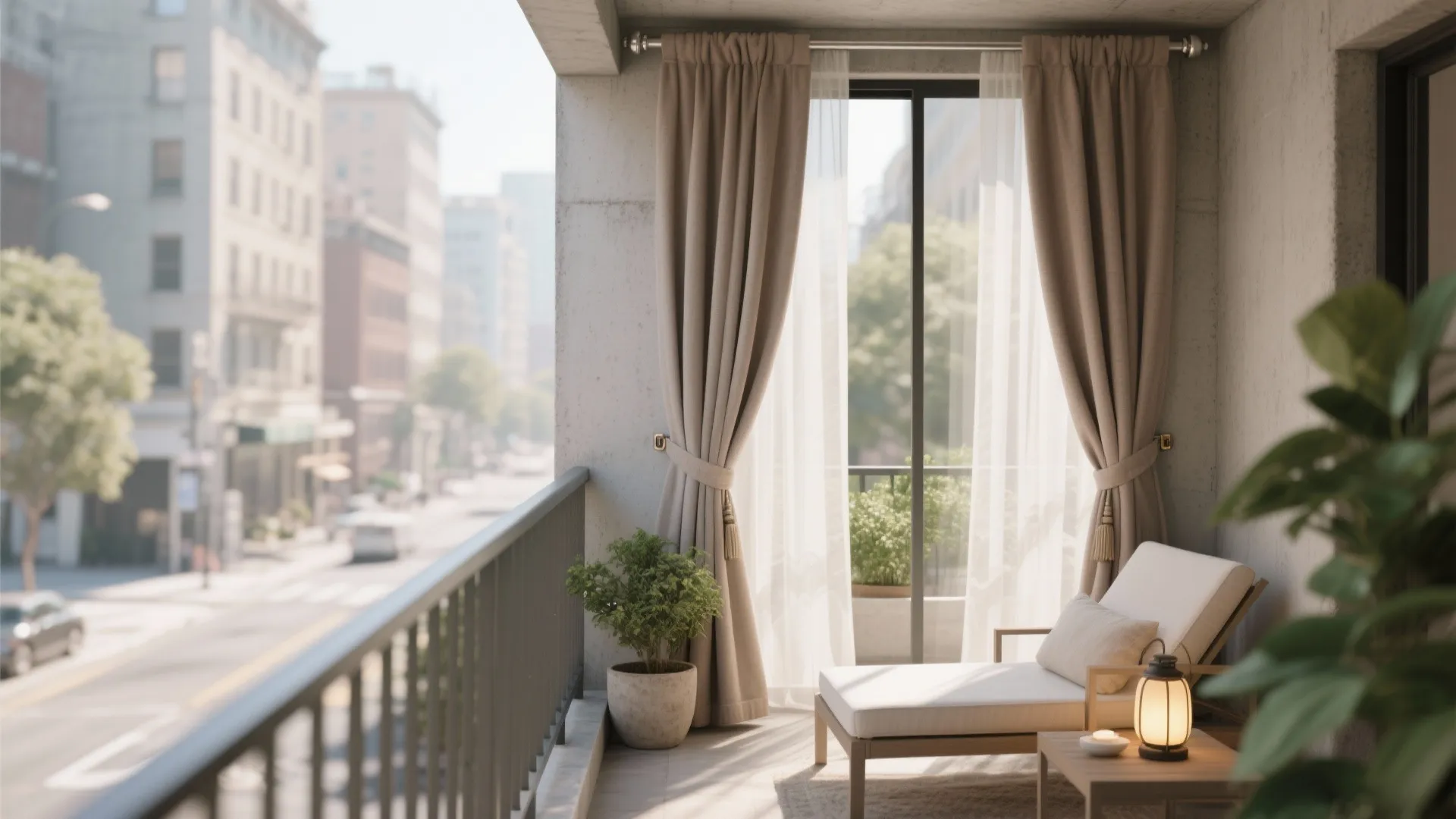 Outdoor balcony with beige curtains a white lounge chair small table and city street background