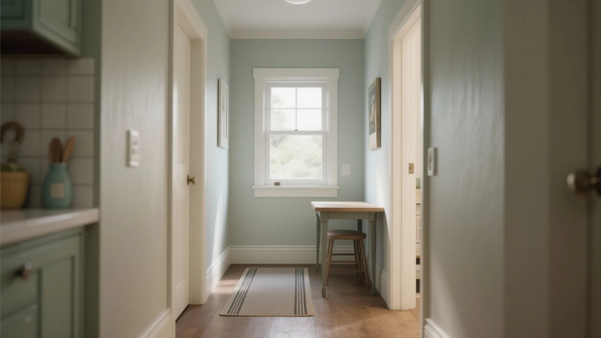 Narrow light blue hallway with small wooden table stool rug white window and wooden flooring
