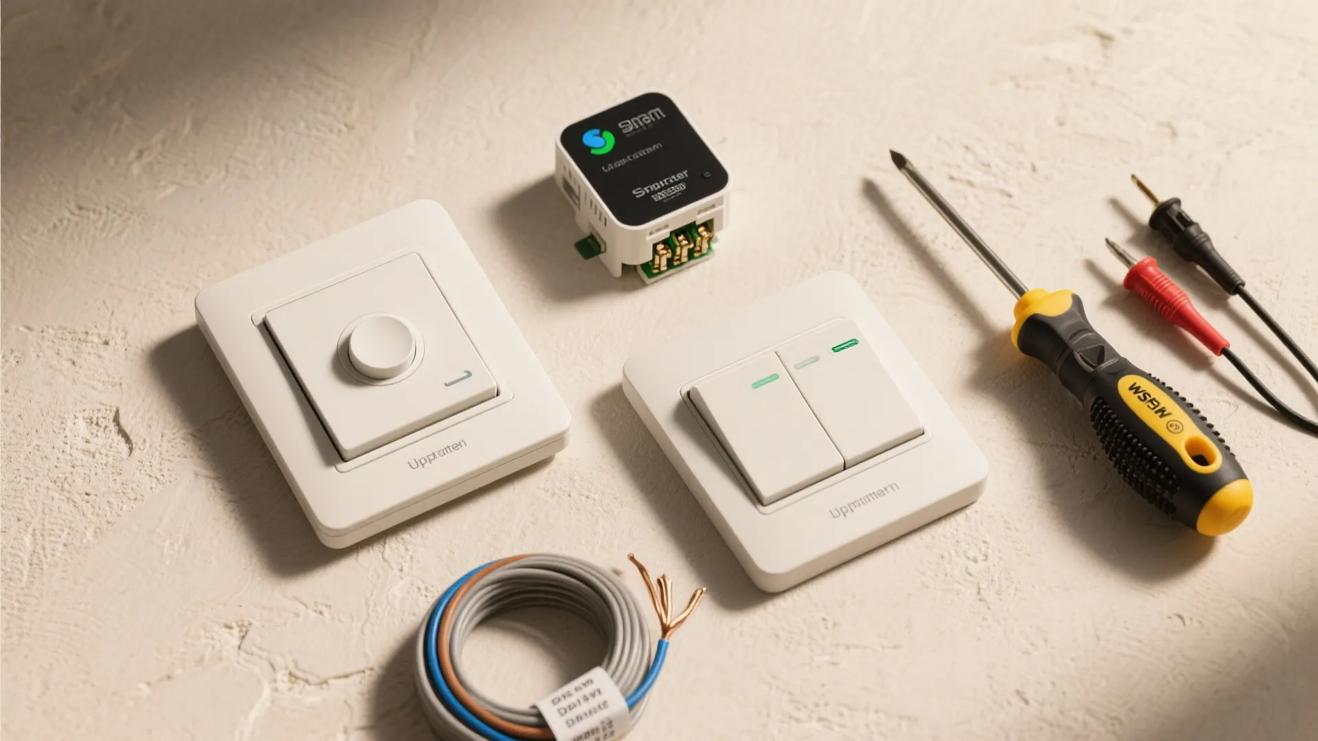 Various light switches and tools with wire rolls on a textured surface for home renovation